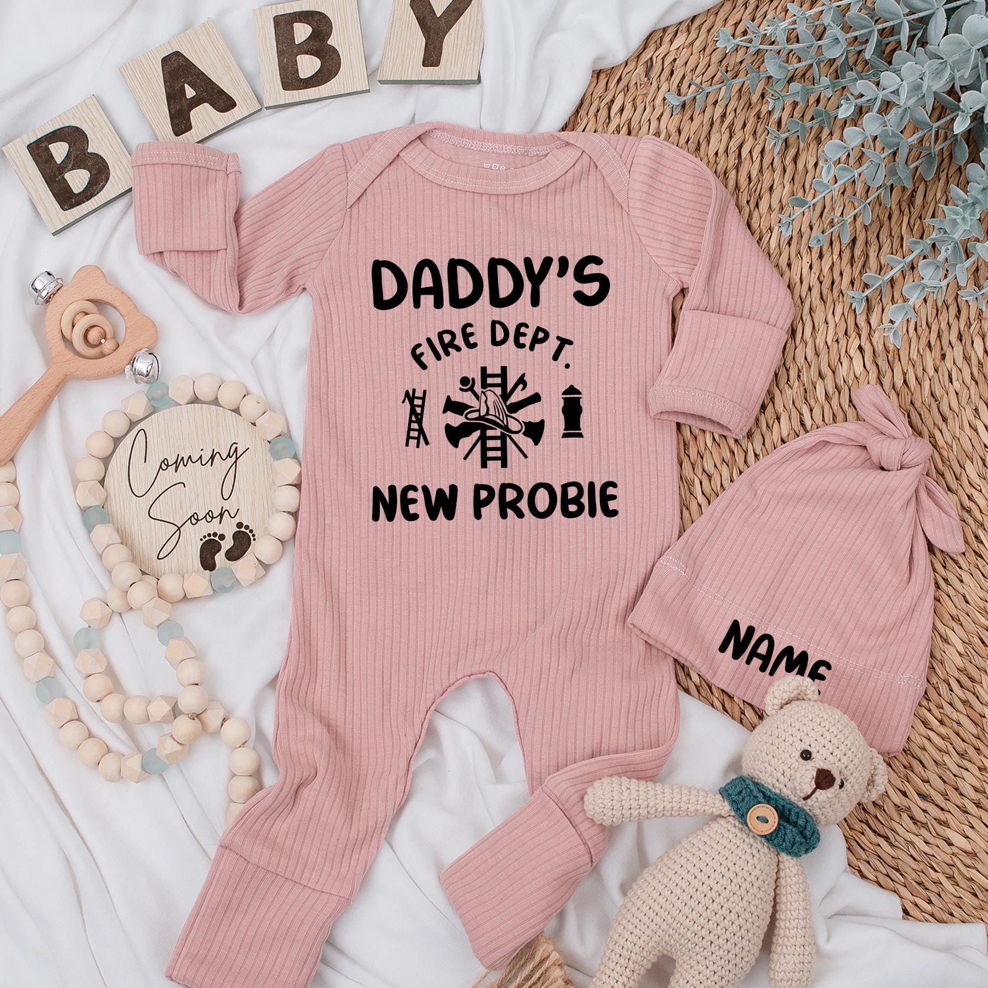 Personalized Daddy's New Probie Firefighter Baby Bodysuit and Hat Set Newborn Gift Fire Dept Design Baby Shower Cotton Outfit