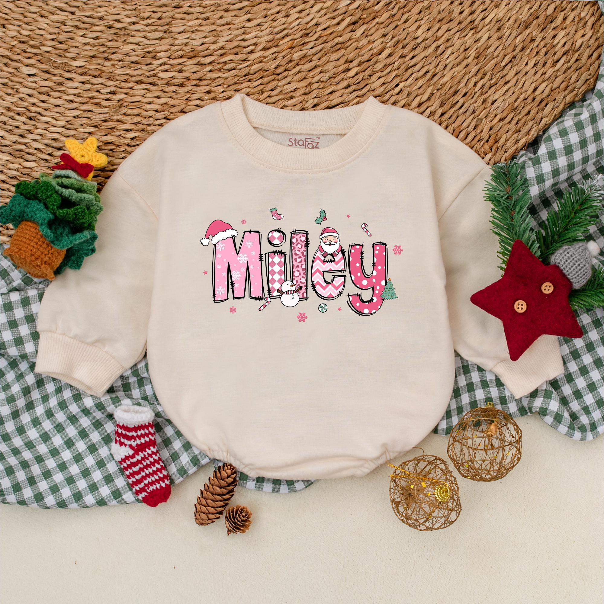 Personalized Miley Christmas Baby Romper Whimsical Pink Girls Bodysuit Festive Holiday Outfit Gift Idea with Santa Hat and Candy Cane