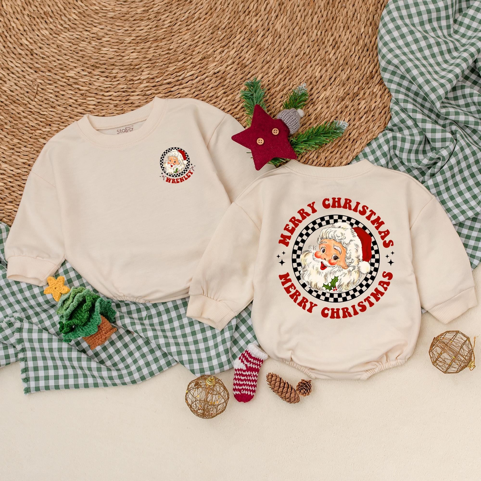 Custom Vintage Santa Baby Romper Personalized First Christmas Outfit Comfortable Holiday Bodysuit Nostalgic Merry Christmas Design
