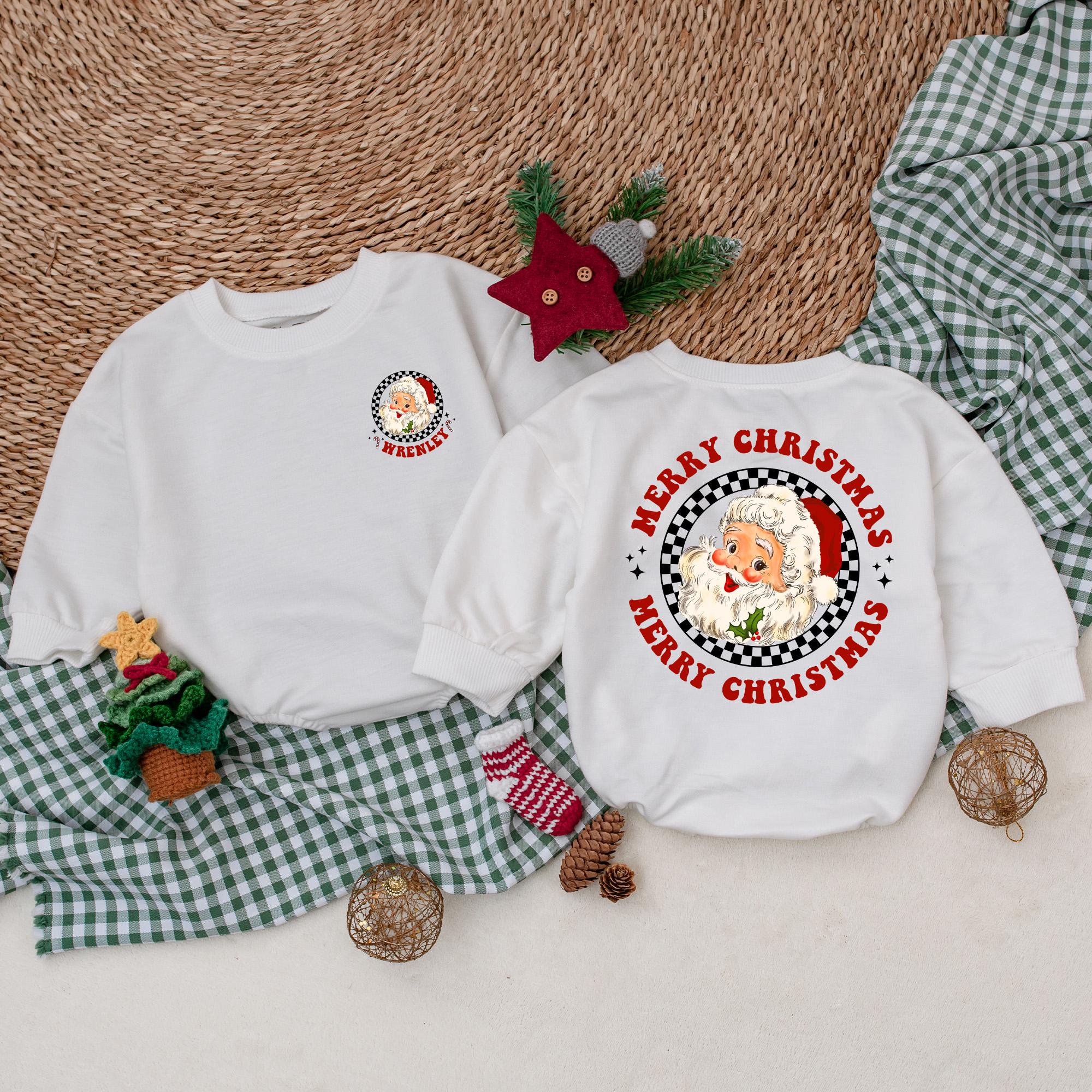Custom Vintage Santa Baby Romper Personalized First Christmas Outfit Comfortable Holiday Bodysuit Nostalgic Merry Christmas Design