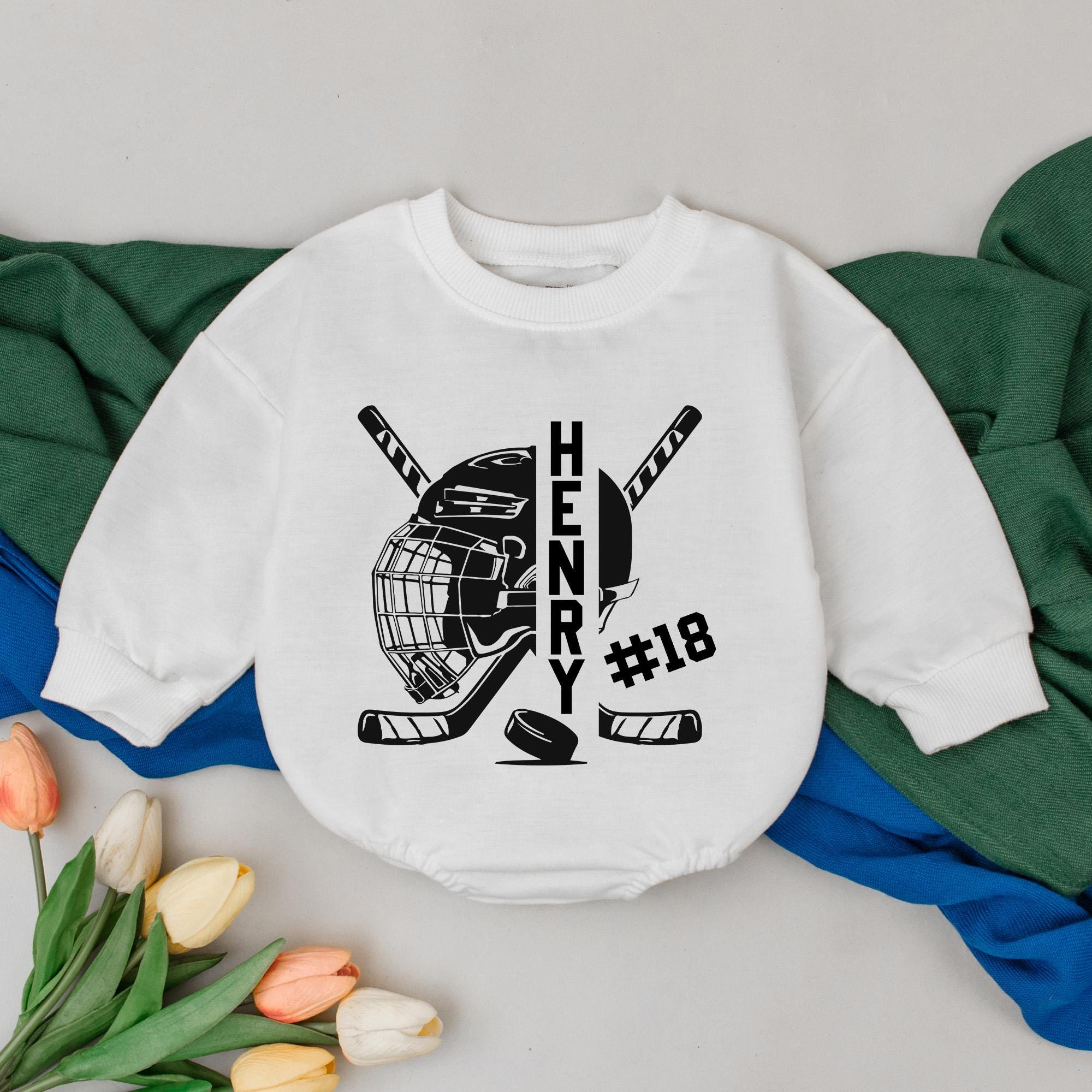 Personalized Hockey Baby Romper with Helmet Sticks #18 Cotton Outfit Gift for Boys or Girls Fun Game Day Wear Daddy's Little Player
