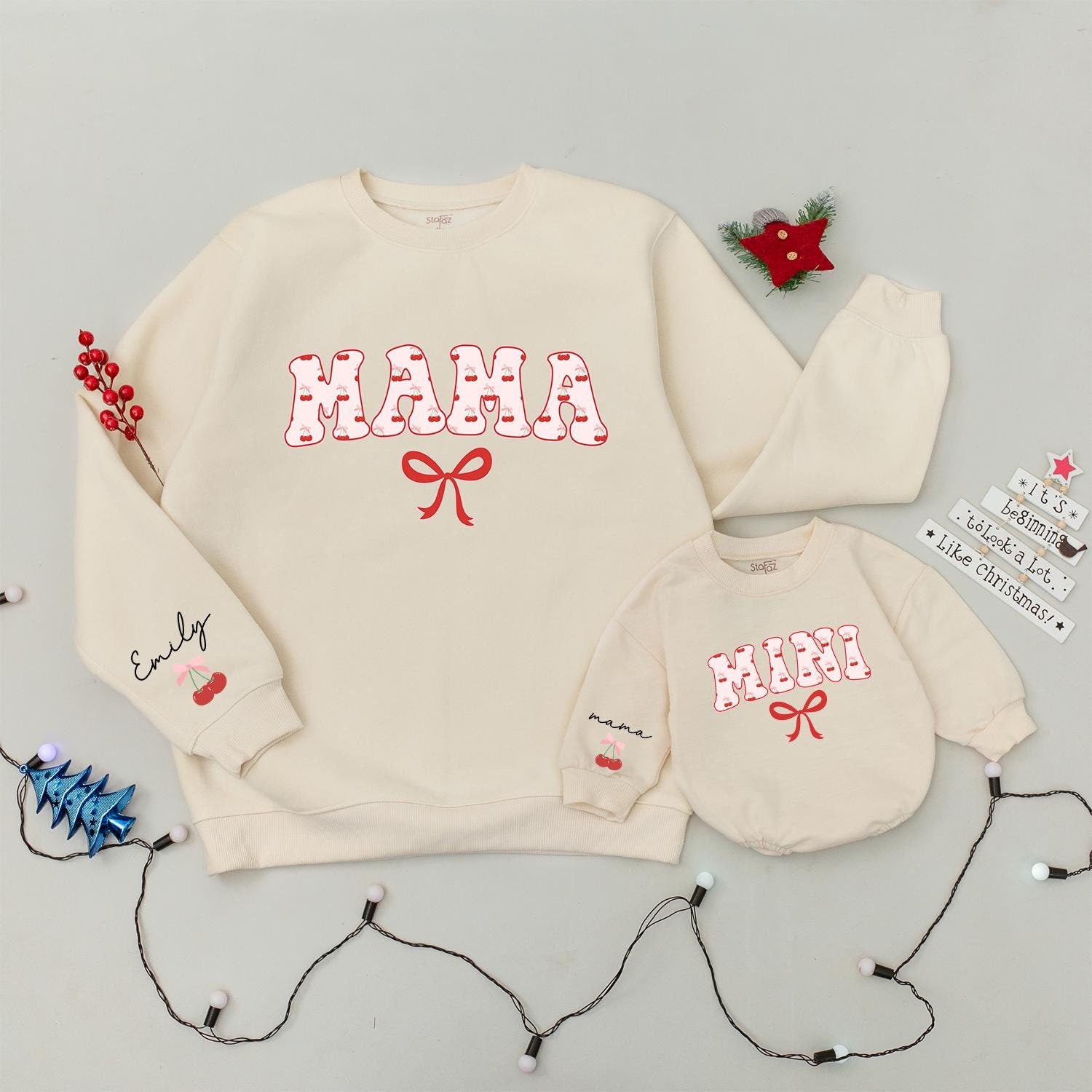 Personalized Mama & Mini Cherry Sweatshirts with Bow Accent