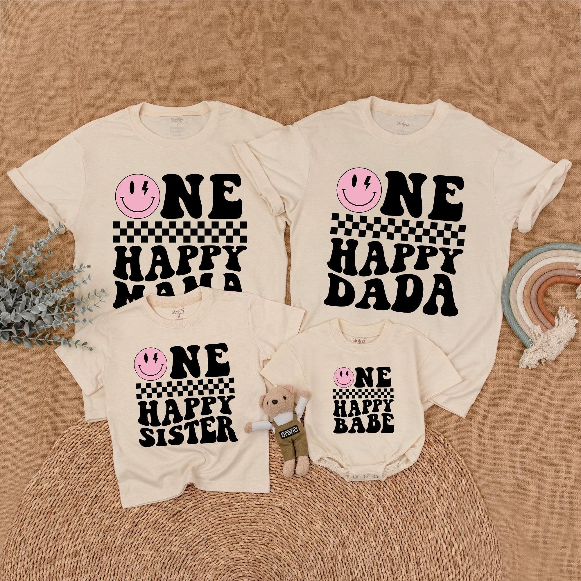 One Happy Family Birthday Shirts with Retro Smiley Design