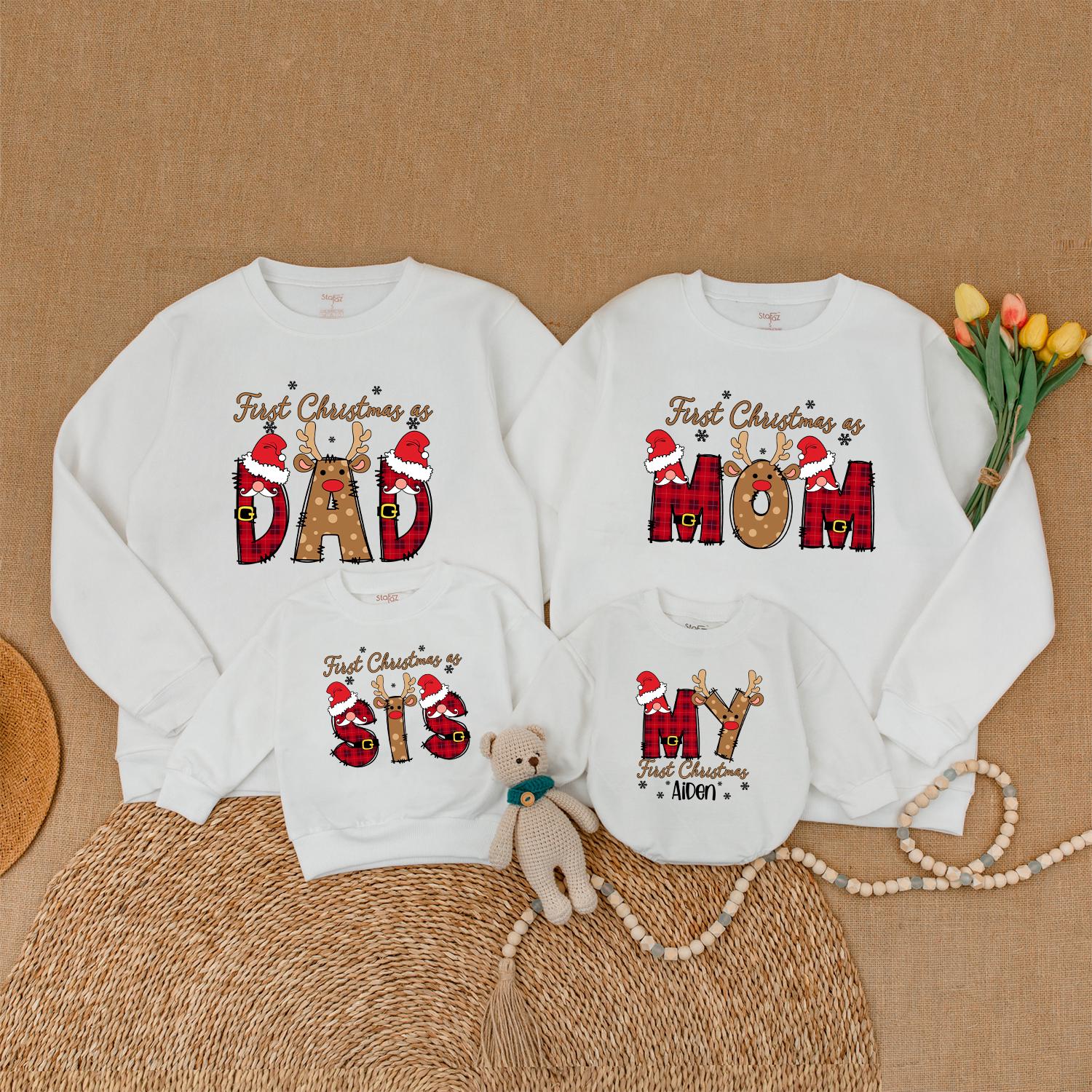 Personalized First Christmas Family Sweaters with Santa Hats Reindeer Antlers Red Green Plaid Polka Dot Custom Names Matching Holiday Outfits