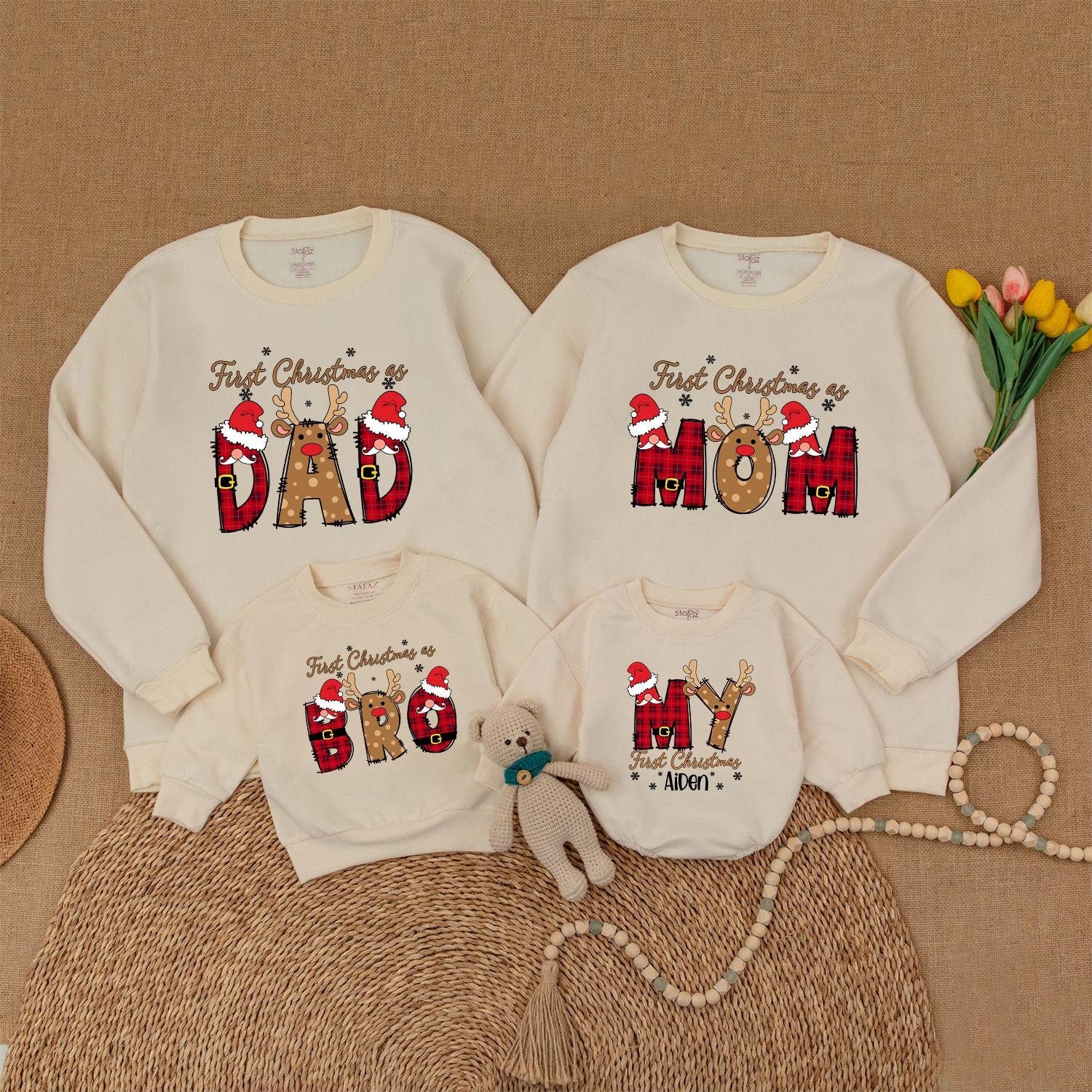 Personalized First Christmas Family Sweaters with Santa Hats Reindeer Antlers Red Green Plaid Polka Dot Custom Names Matching Holiday Outfits