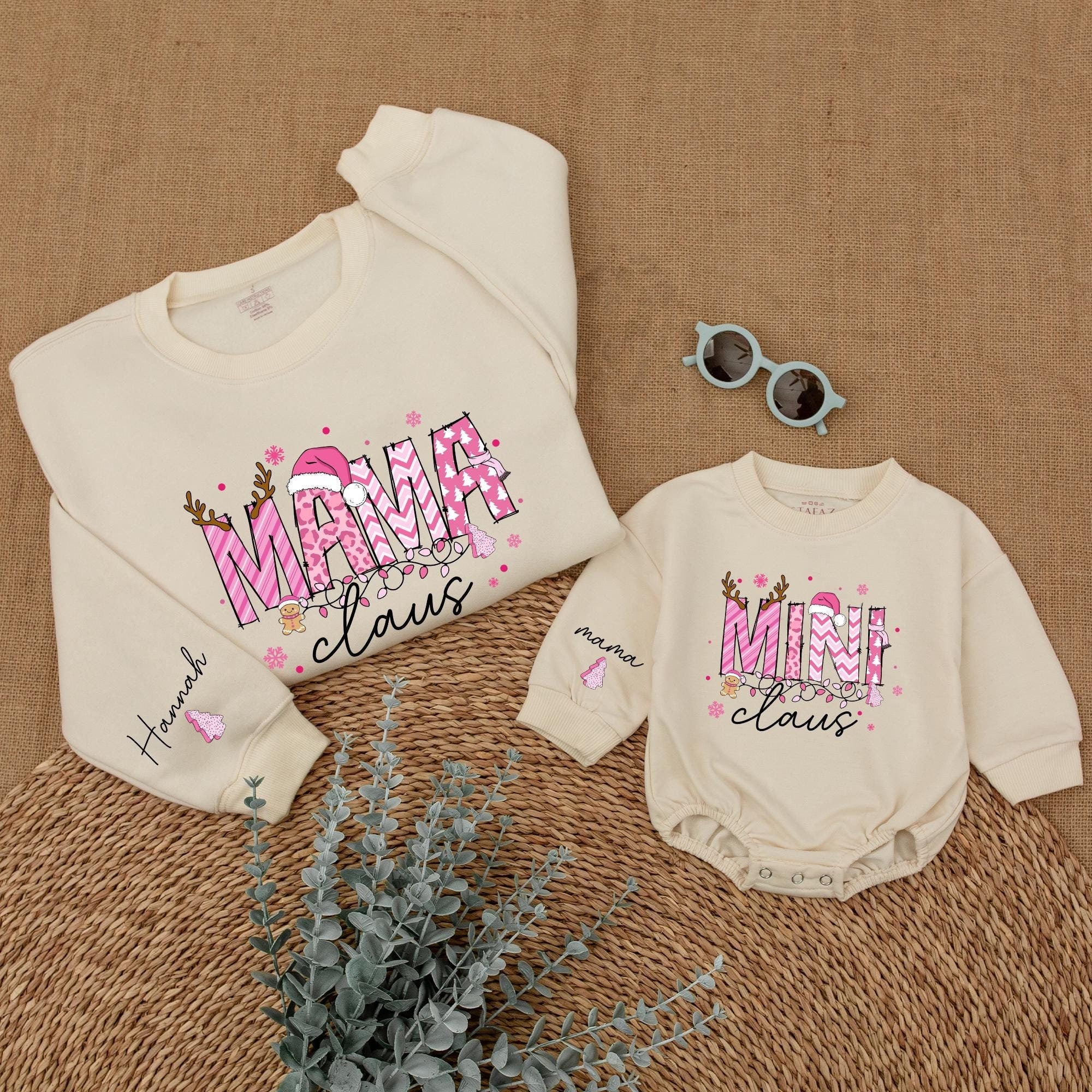 Personalized Mama and Mini Claus Christmas Sweatshirt Set for Girls Soft Pink Santa Hat Design Family Holiday Matching Outfit