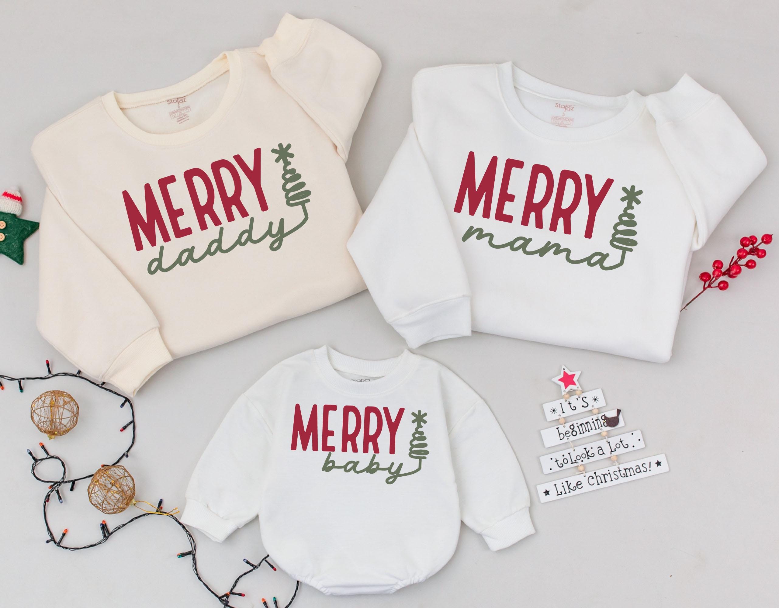 Merry Matching Family Christmas Sweatshirts Mommy and Me Outfits Personalized Holiday Sweaters Red Green Festive Cotton Design