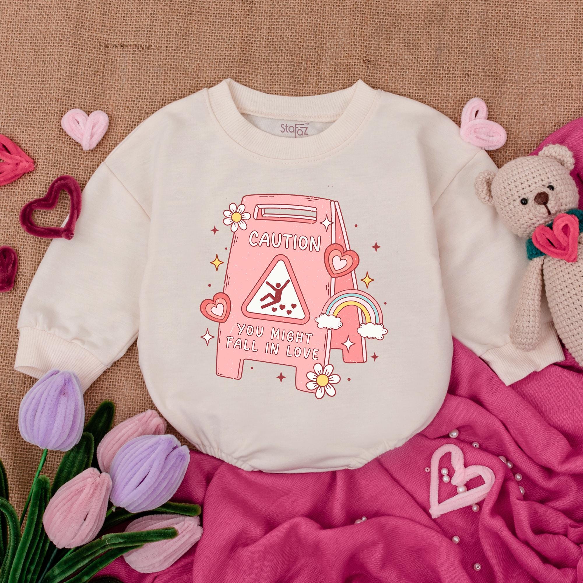 Whimsical Pink Caution Romper Baby Sweatshirt Outfit Soft Cotton Valentine Design Hearts Stars Newborn Boy Girl Gift Holiday