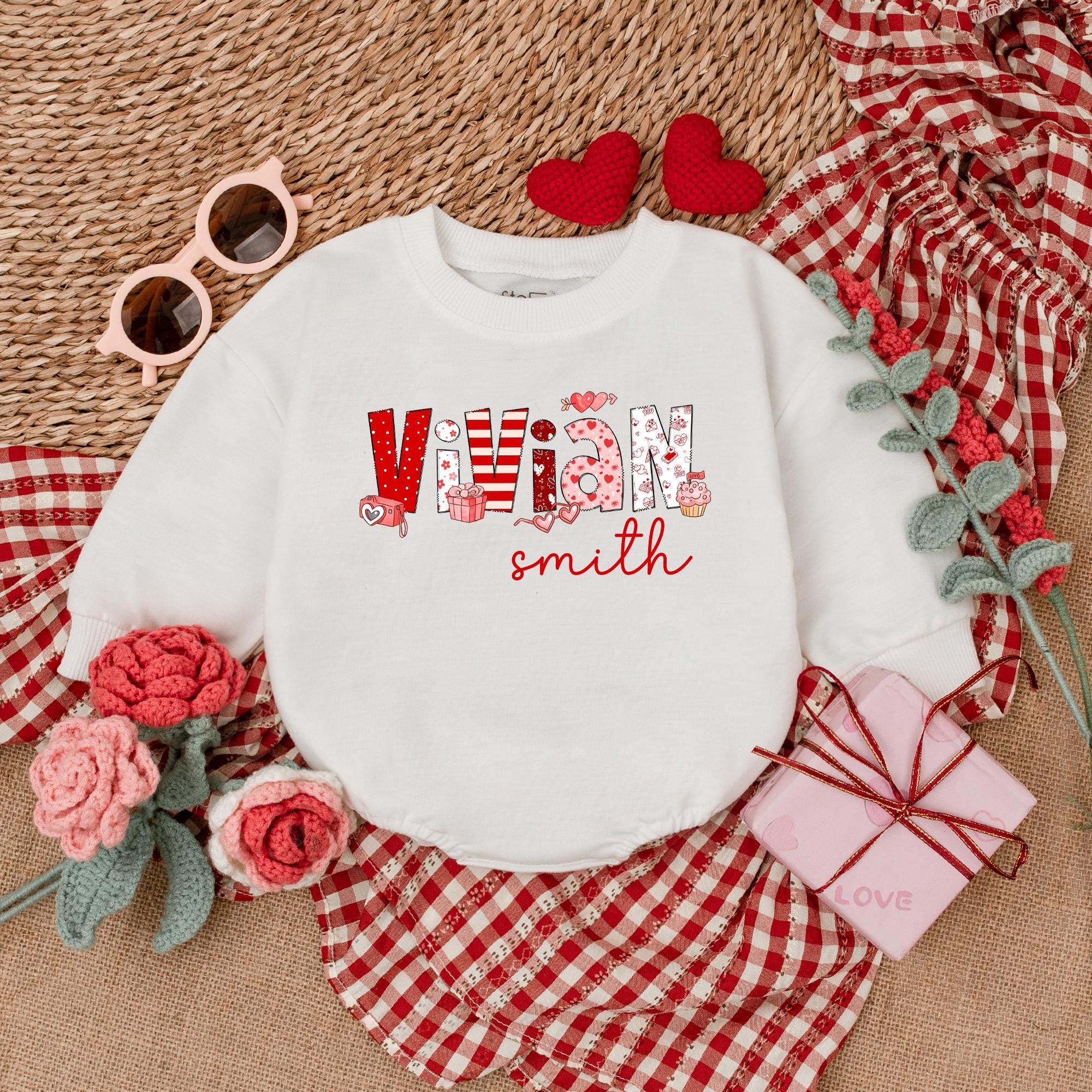 Personalized Valentine Baby Romper Name Vivian Heart Patterns Girls First Valentine's Day Bodysuit Festive Red Pink White Gift