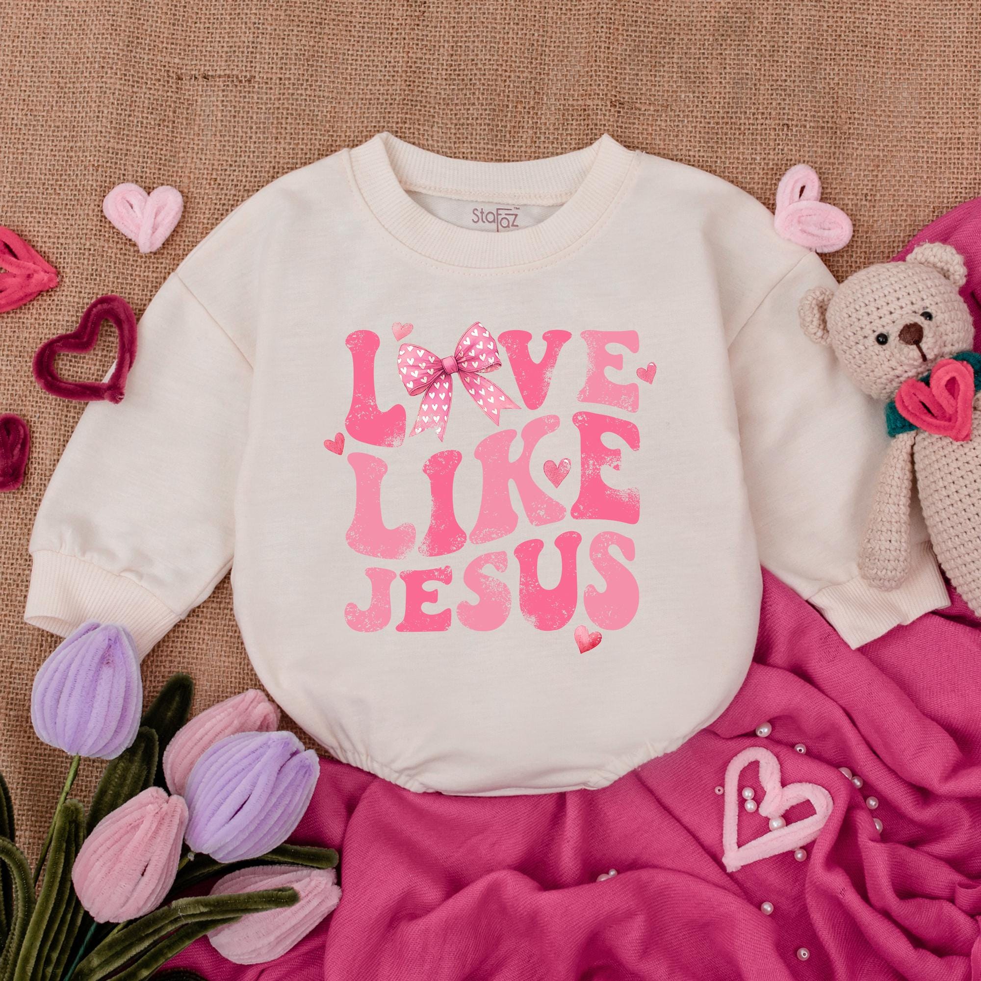 Love Like Jesus Pink Romper Baby Girl First Valentine Outfit with Bow Hearts Cheerful Design Infant Newborn Soft Comfortable Cotton