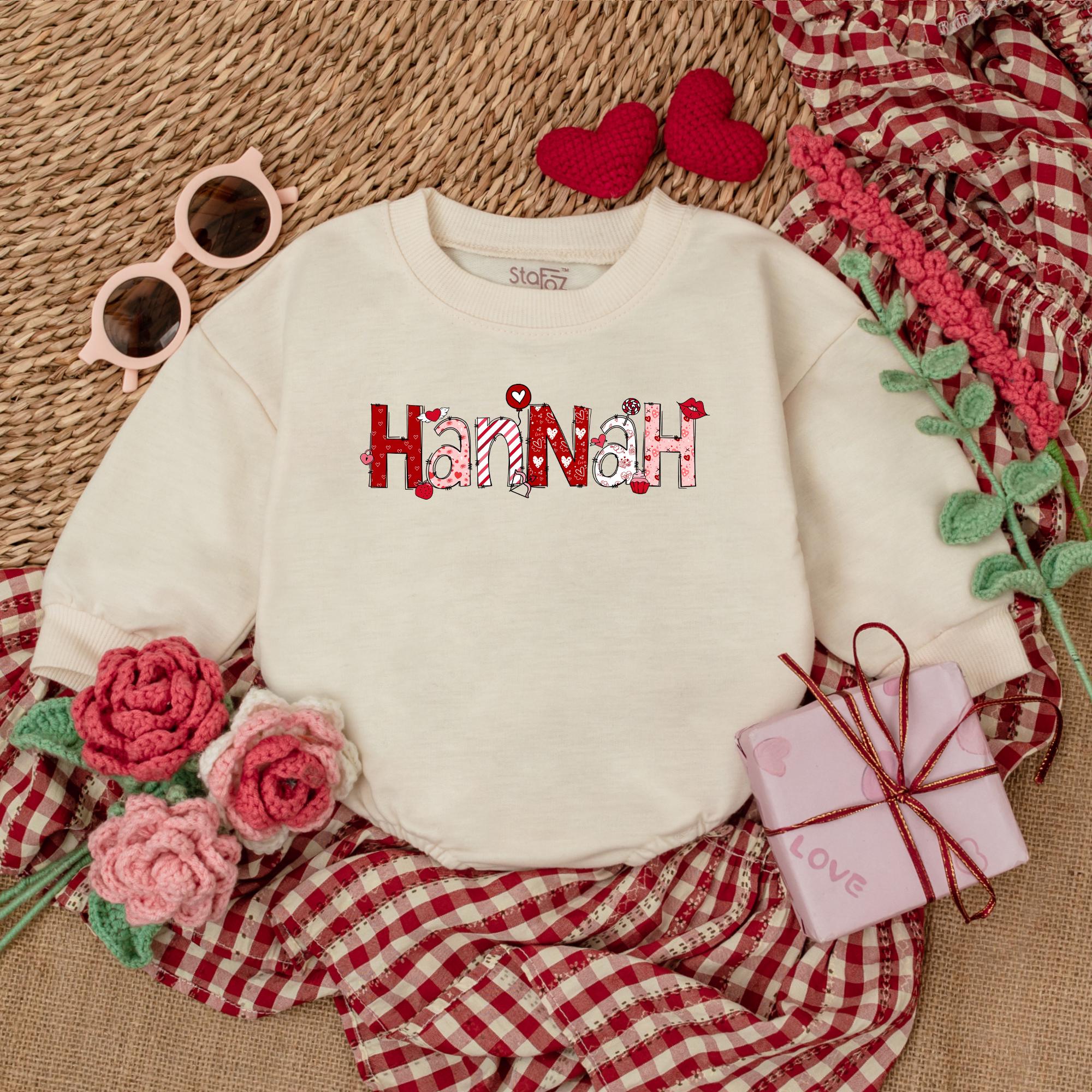Custom Baby Romper with Hannah Design Heart Pattern Valentine's Day Outfit First Valentine Baby Clothes Soft Cotton Girl Gift