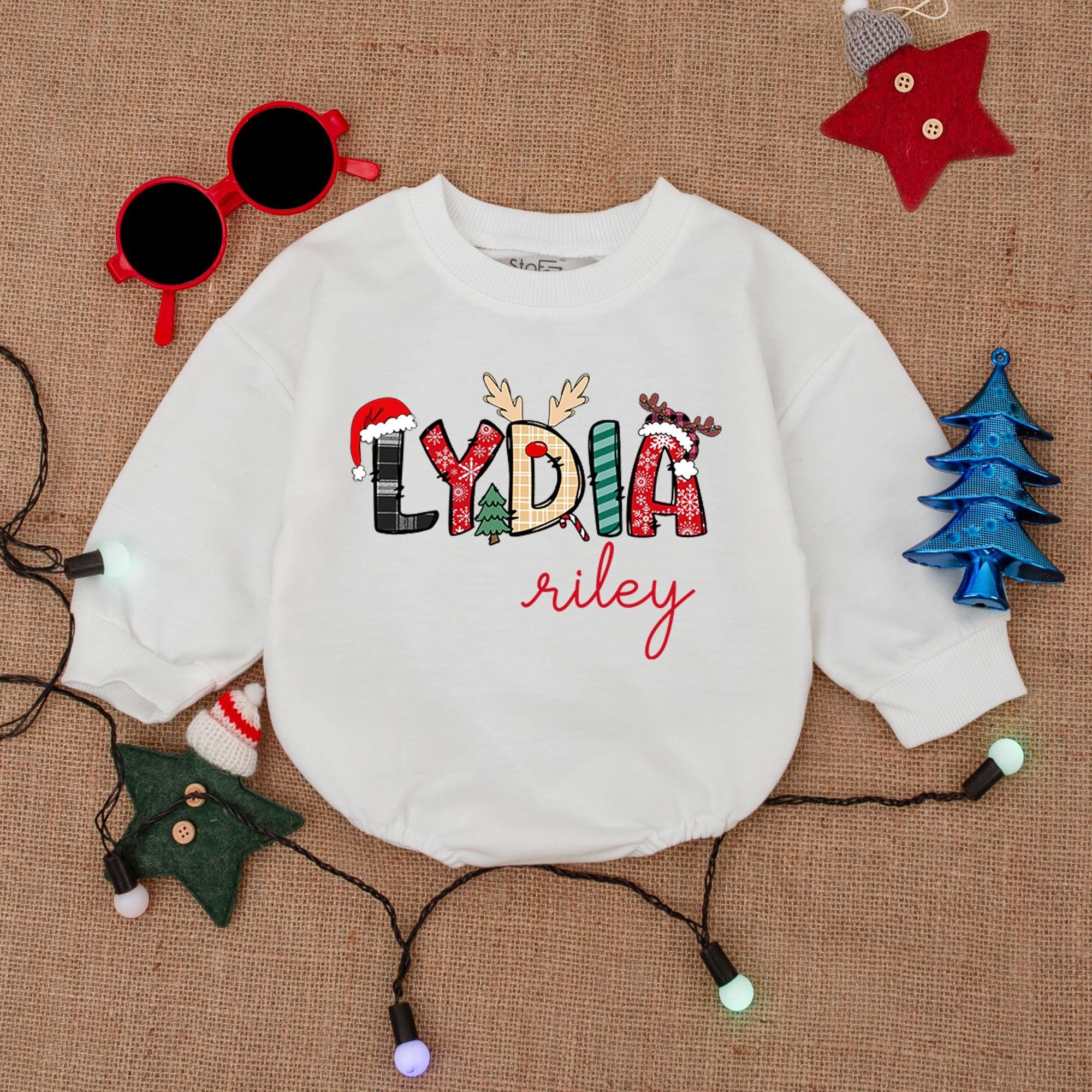 Custom Name Christmas Baby Bodysuit Festive Holiday Outfit with Santa Reindeer Antlers and Holly Leaves Personalized Gift for Boys and Girls