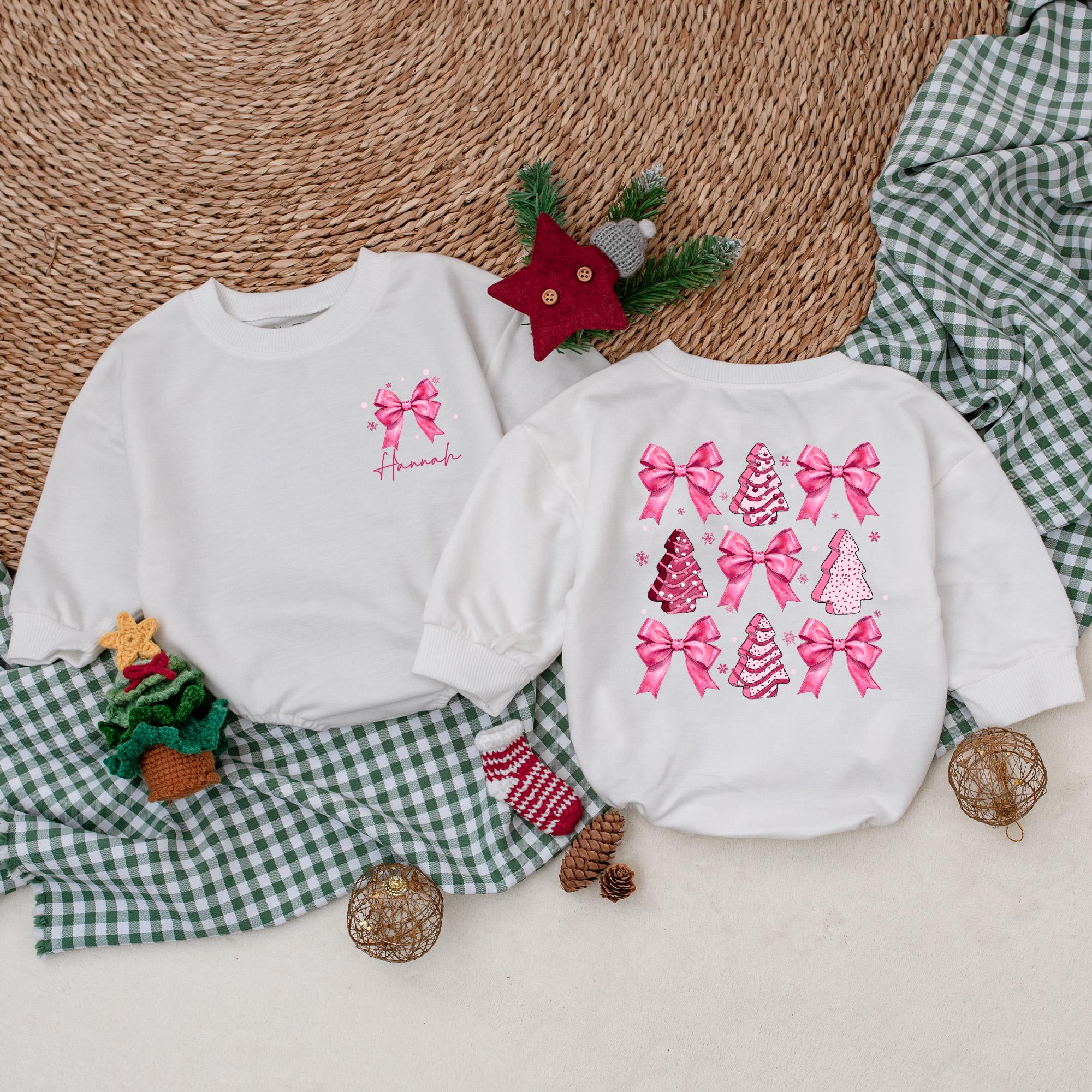 Personalized Baby Girl Pink Bow Romper My First Christmas Outfit Festive Holiday Bodysuit with Merry Christmas Text Custom Name Gift