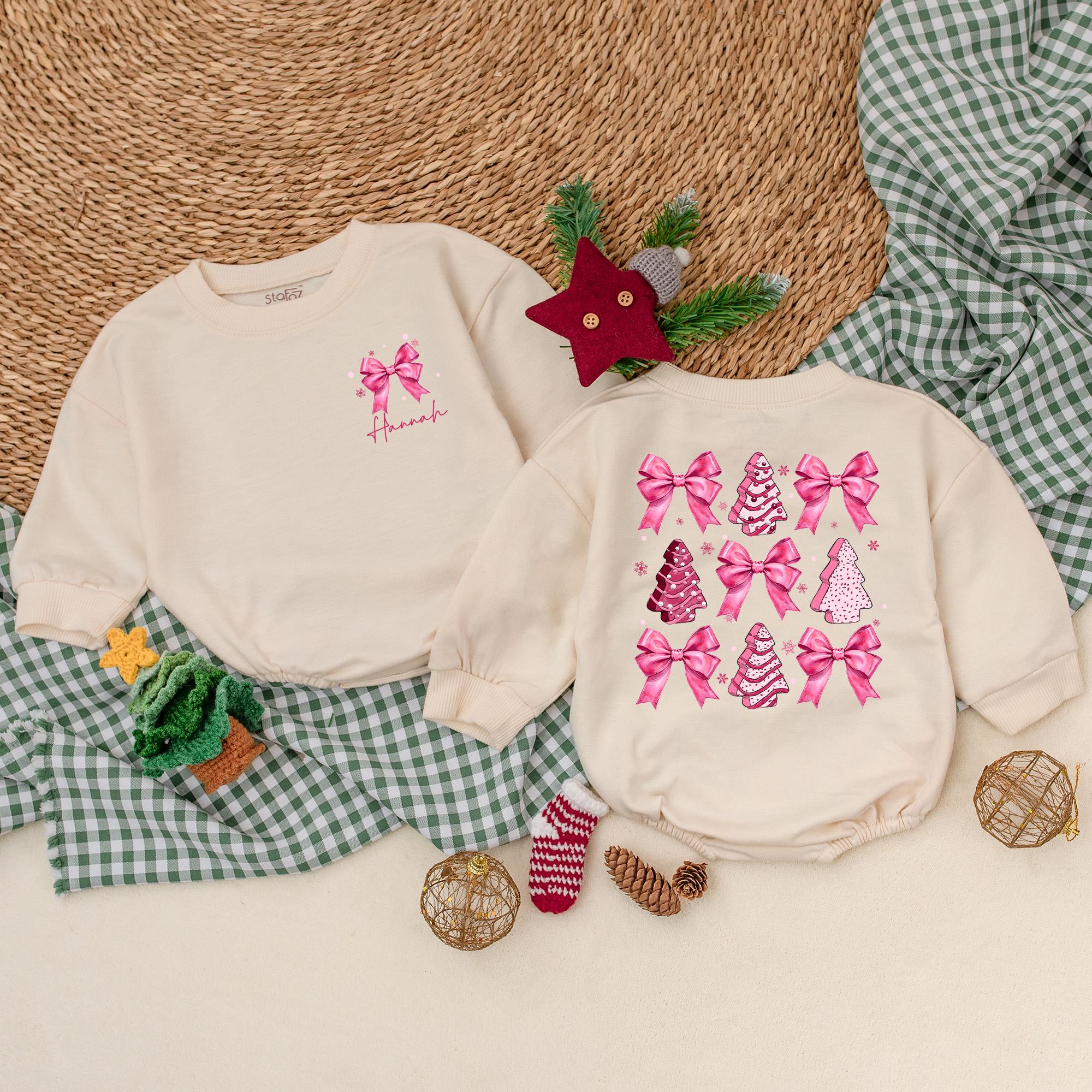 Personalized Baby Girl Pink Bow Romper My First Christmas Outfit Festive Holiday Bodysuit with Merry Christmas Text Custom Name Gift