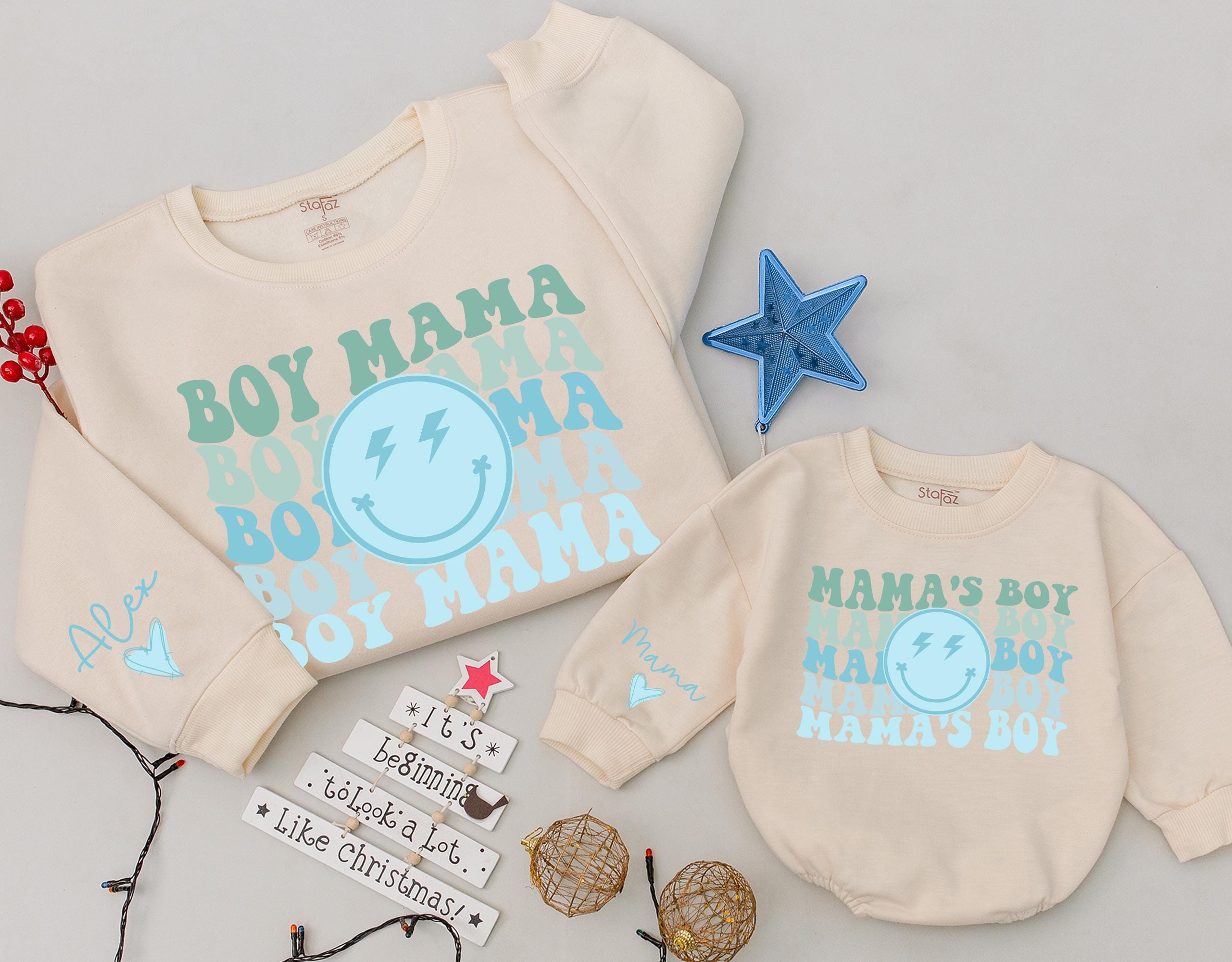 Custom Boy Mama and Mama's Boy Teal Sweatshirt with Smiley Face and Retro Groovy Font Perfect Gift for Newborns and Mothers