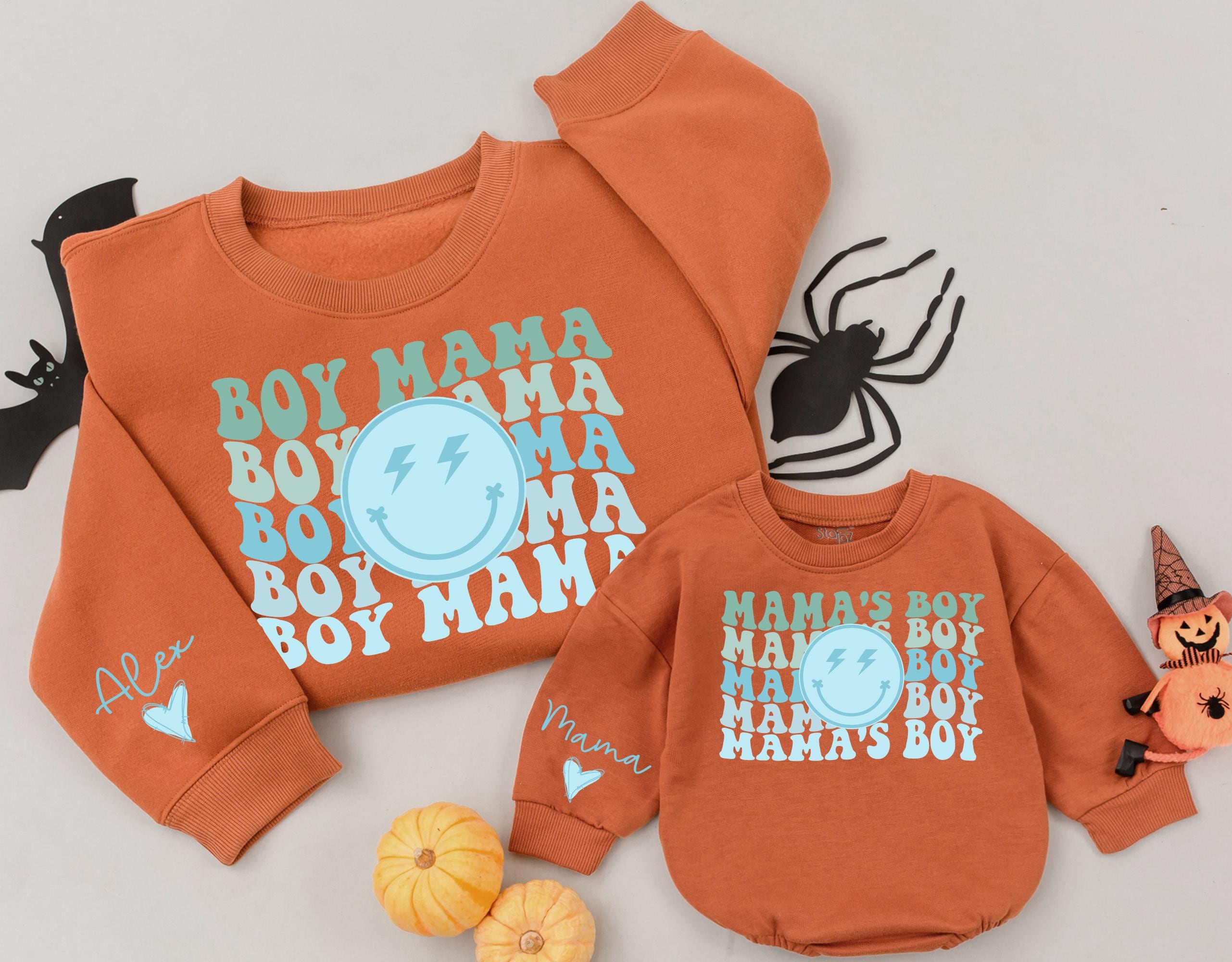 Custom Boy Mama and Mama's Boy Teal Sweatshirt with Smiley Face and Retro Groovy Font Perfect Gift for Newborns and Mothers