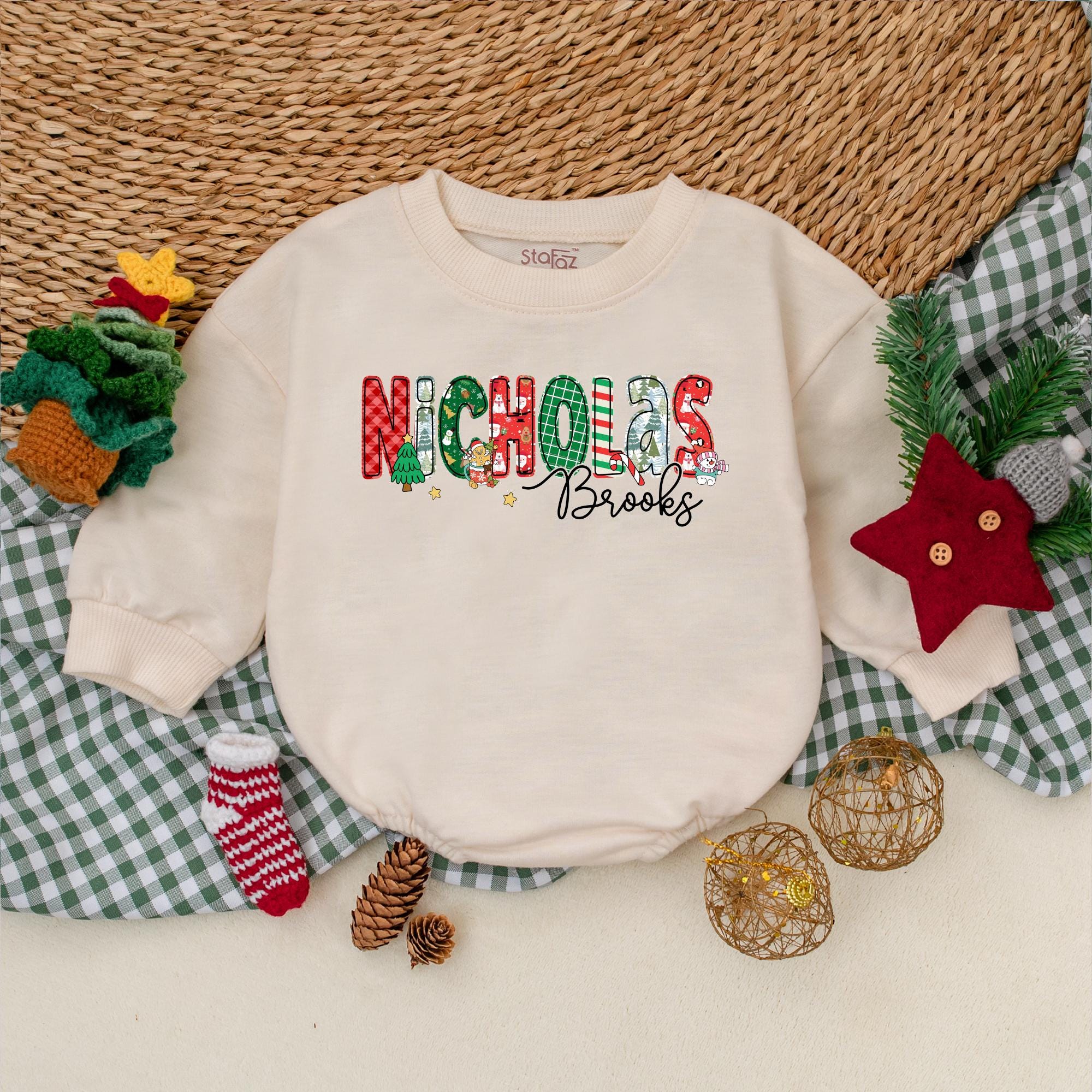 Custom Name Christmas Baby Romper Nicholas Brooks Festive Design Boy Holiday Outfit Soft Toddler Bodysuit My First Christmas Gift