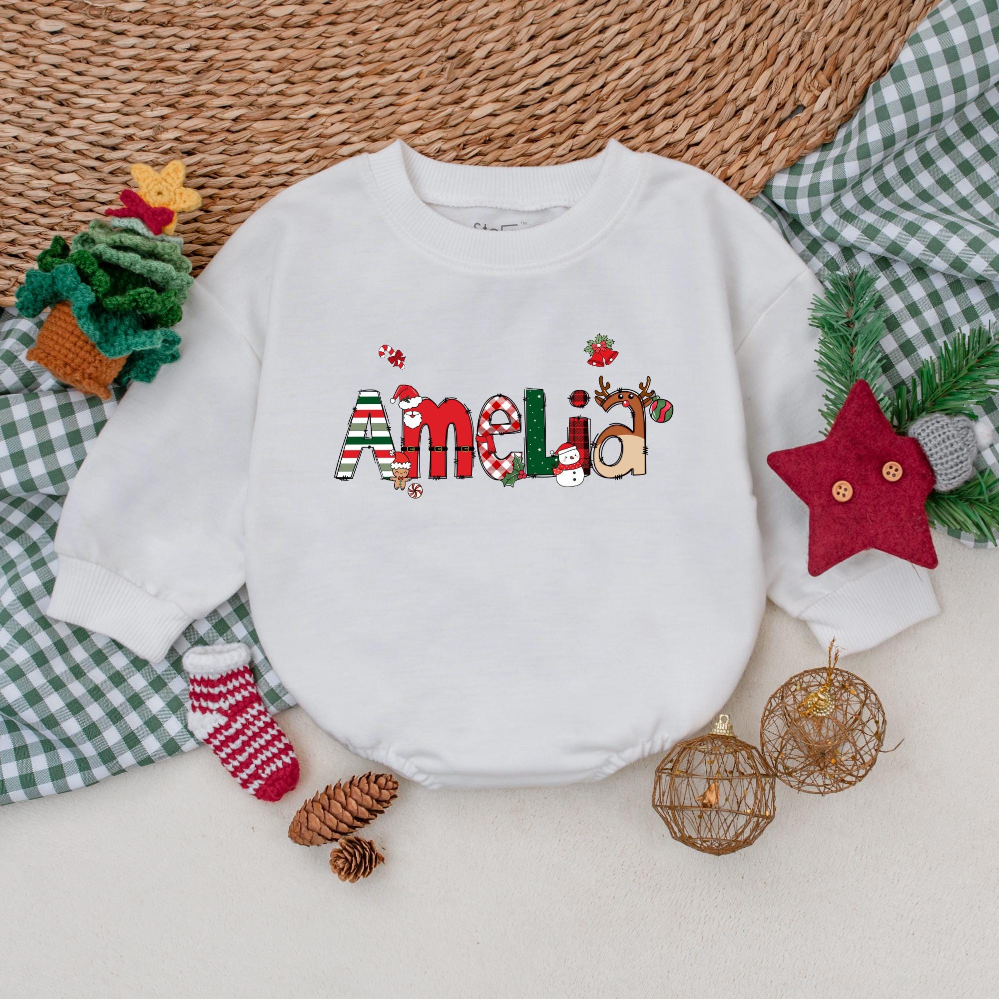 Custom Name Christmas Baby Romper Festive Amelia Design Holiday Outfit Cotton Soft First Xmas Baby Clothes Personalized Gift