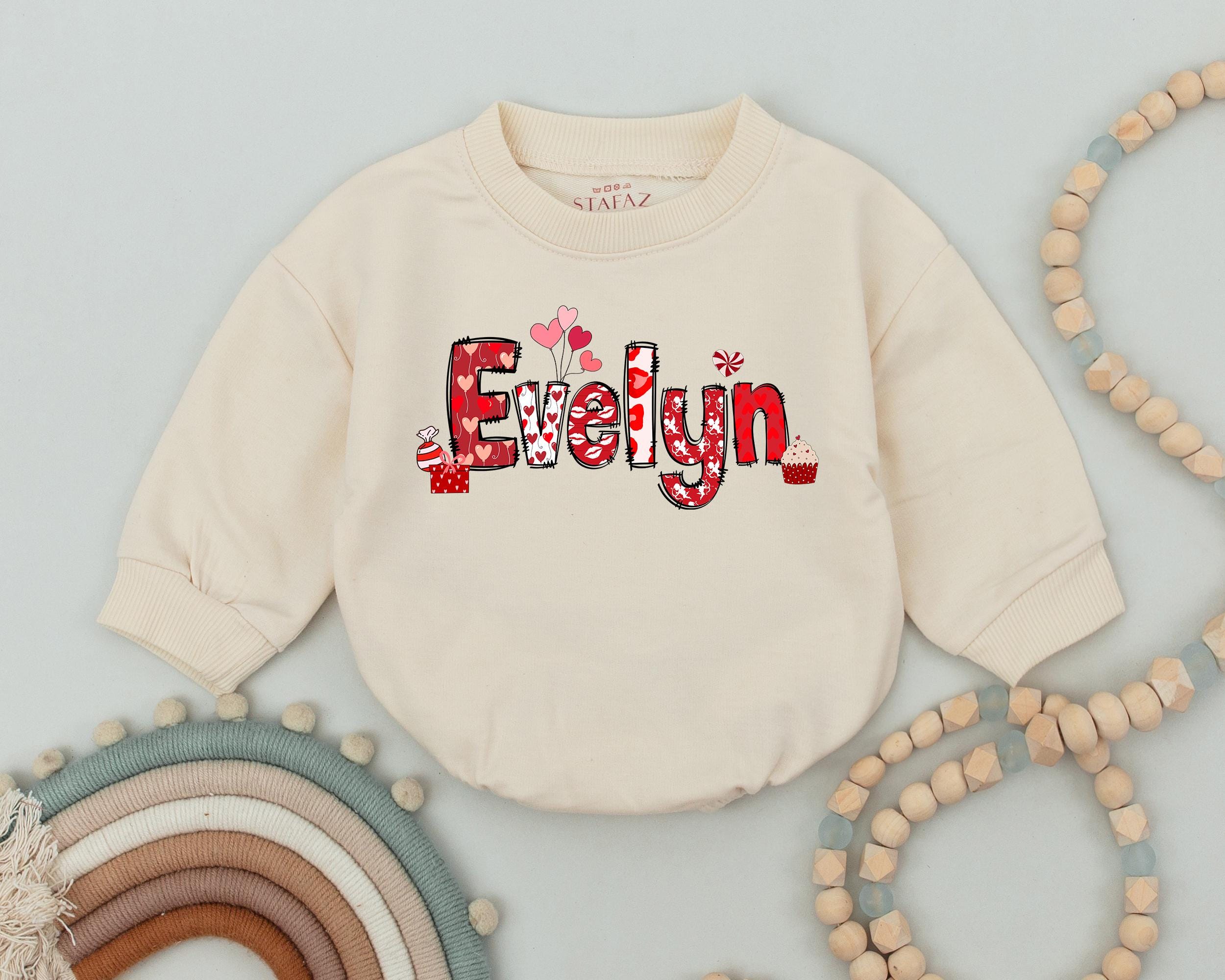 Personalized Evelyn Valentine's Baby Romper Playful Heart Design Infant Outfit Perfect for 1st Valentine Celebration Gift