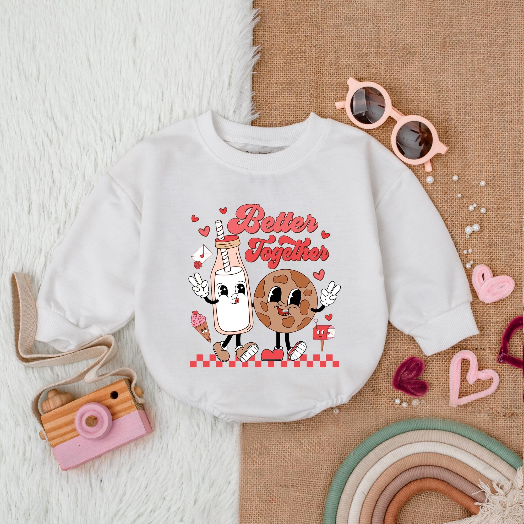 Retro Valentine's Day Baby Bubble Romper with Marshmallow Cookie Design for Infant Boy or Girl First Holiday Outfit Soft Cotton Comfort