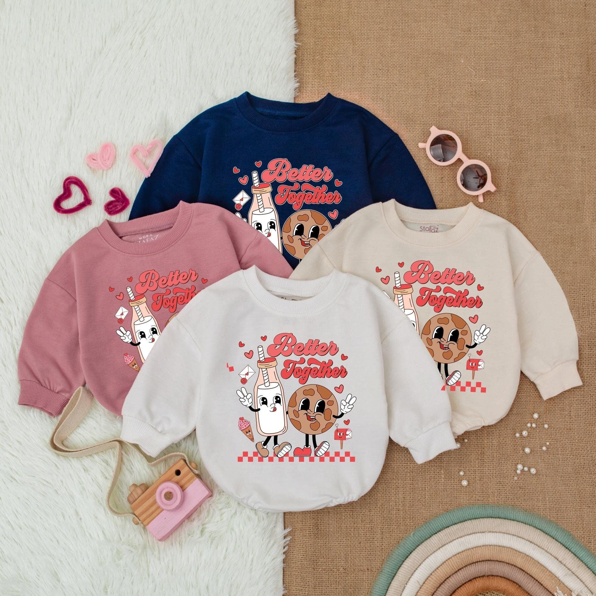 Retro Valentine's Day Baby Bubble Romper with Marshmallow Cookie Design for Infant Boy or Girl First Holiday Outfit Soft Cotton Comfort