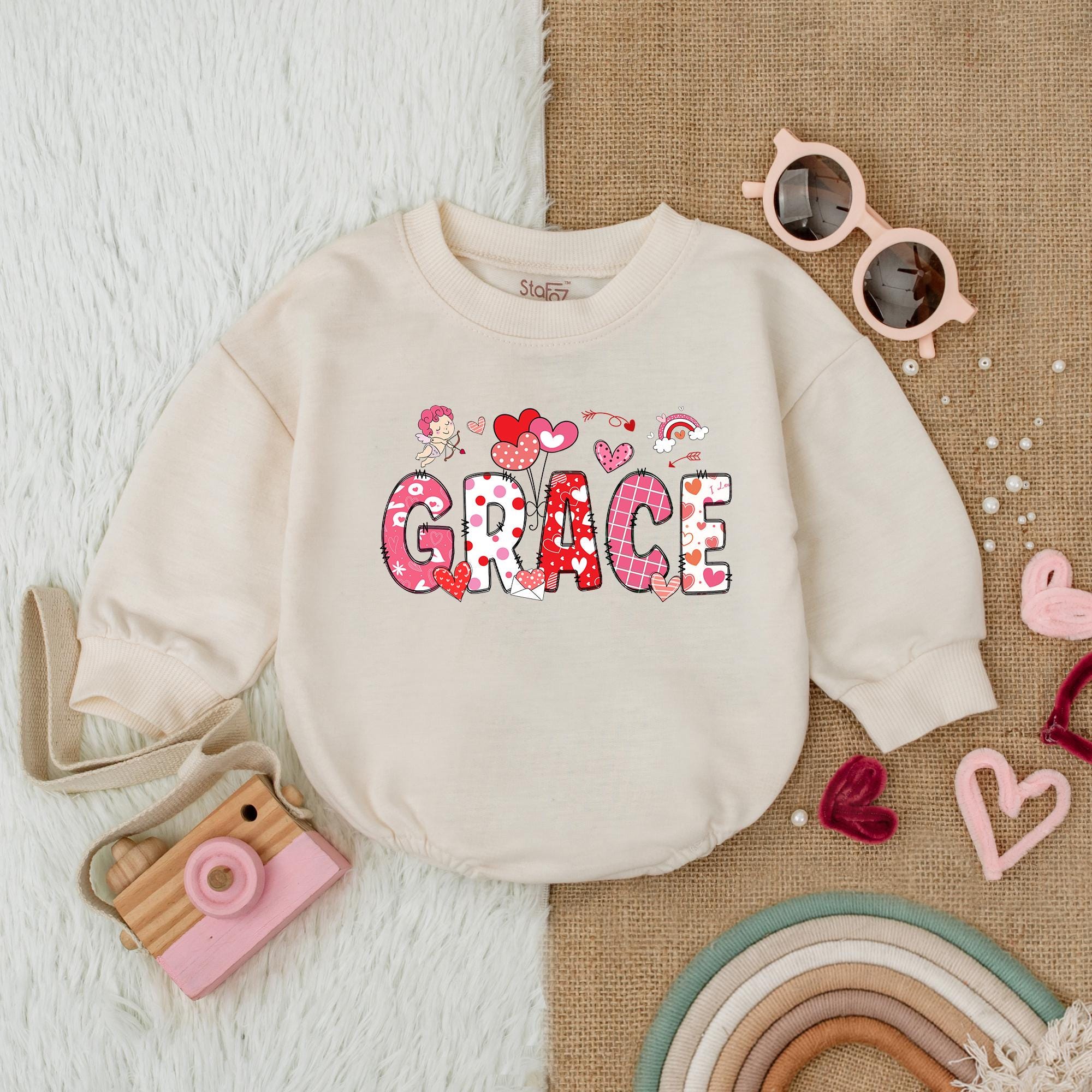 Custom GRACE Valentine's Romper Heart Bow Design Baby Outfit First Valentine's Day Infant Girl Bodysuit Pink Red White Soft Cotton