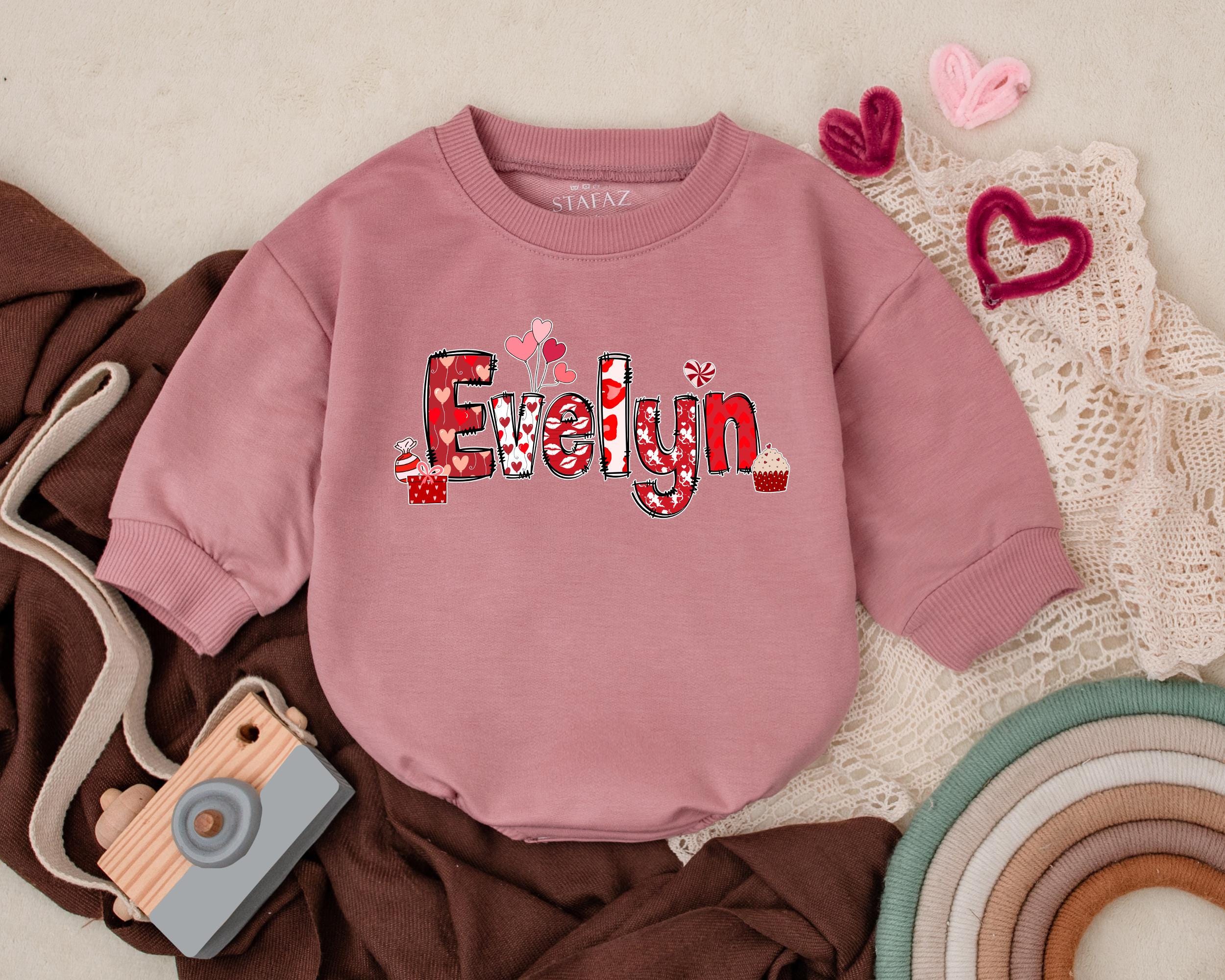 Personalized Evelyn Valentine's Baby Romper Playful Heart Design Infant Outfit Perfect for 1st Valentine Celebration Gift