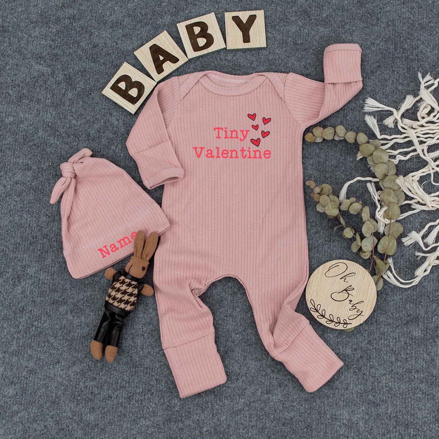 Custom Tiny Valentine Bodysuit and Hat Newborn Gift Red Hearts Pattern Festive Baby Outfit Personalized Name for Valentine's Day