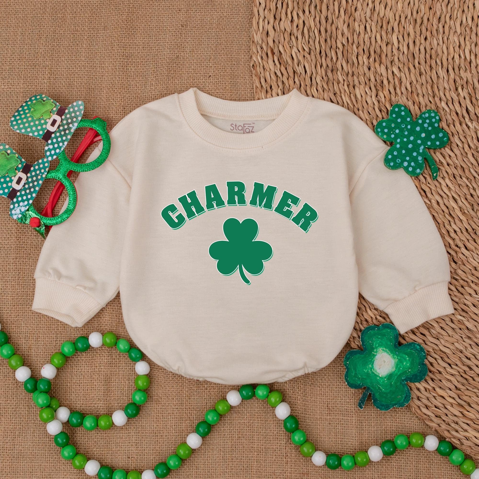 Charmer Baby Romper in Light Mauve with Green Shamrock St Patrick's Day Infant Outfit Soft Cotton Newborn Holiday Bodysuit