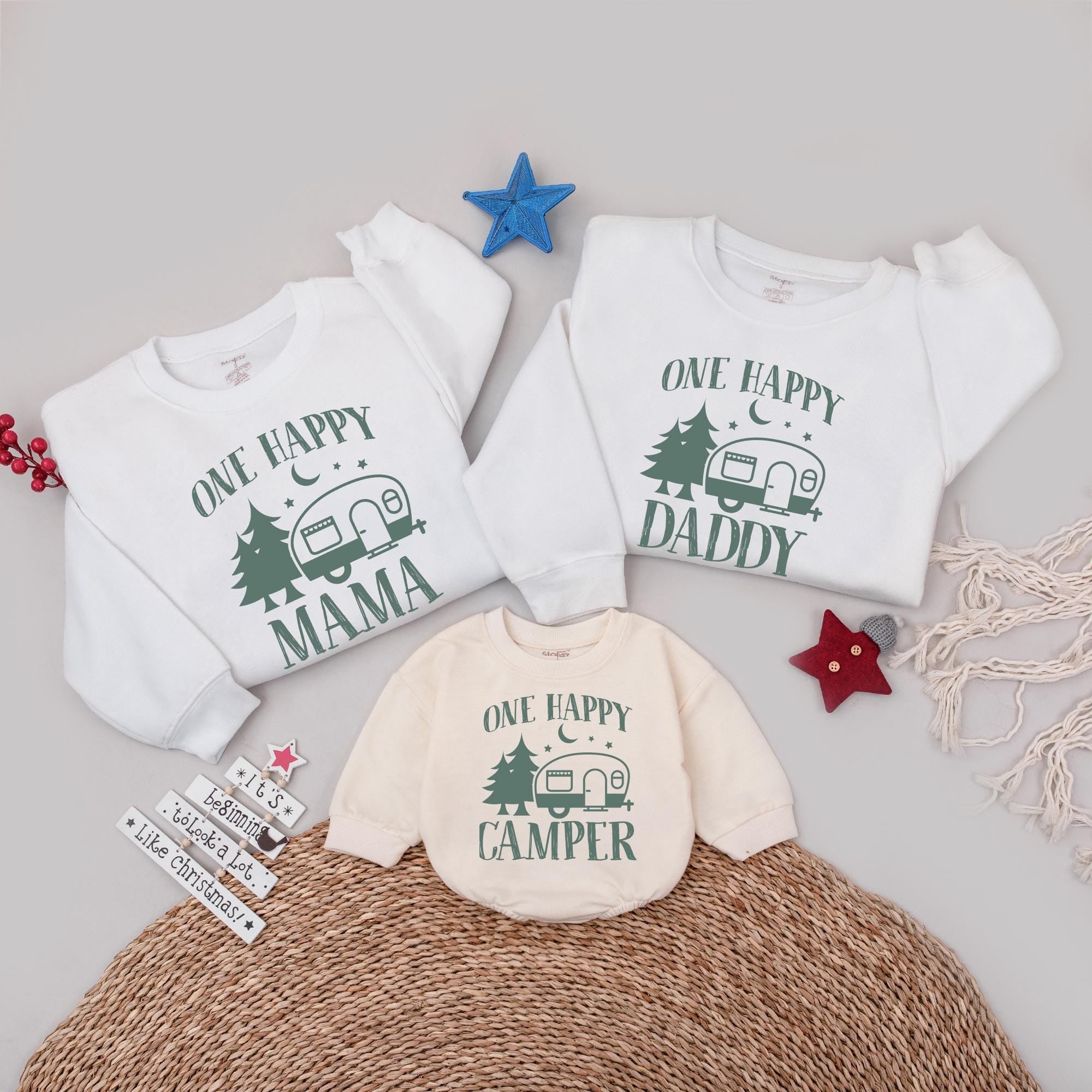 One Happy Camper Family Sweatshirts with Vintage Trailer Design