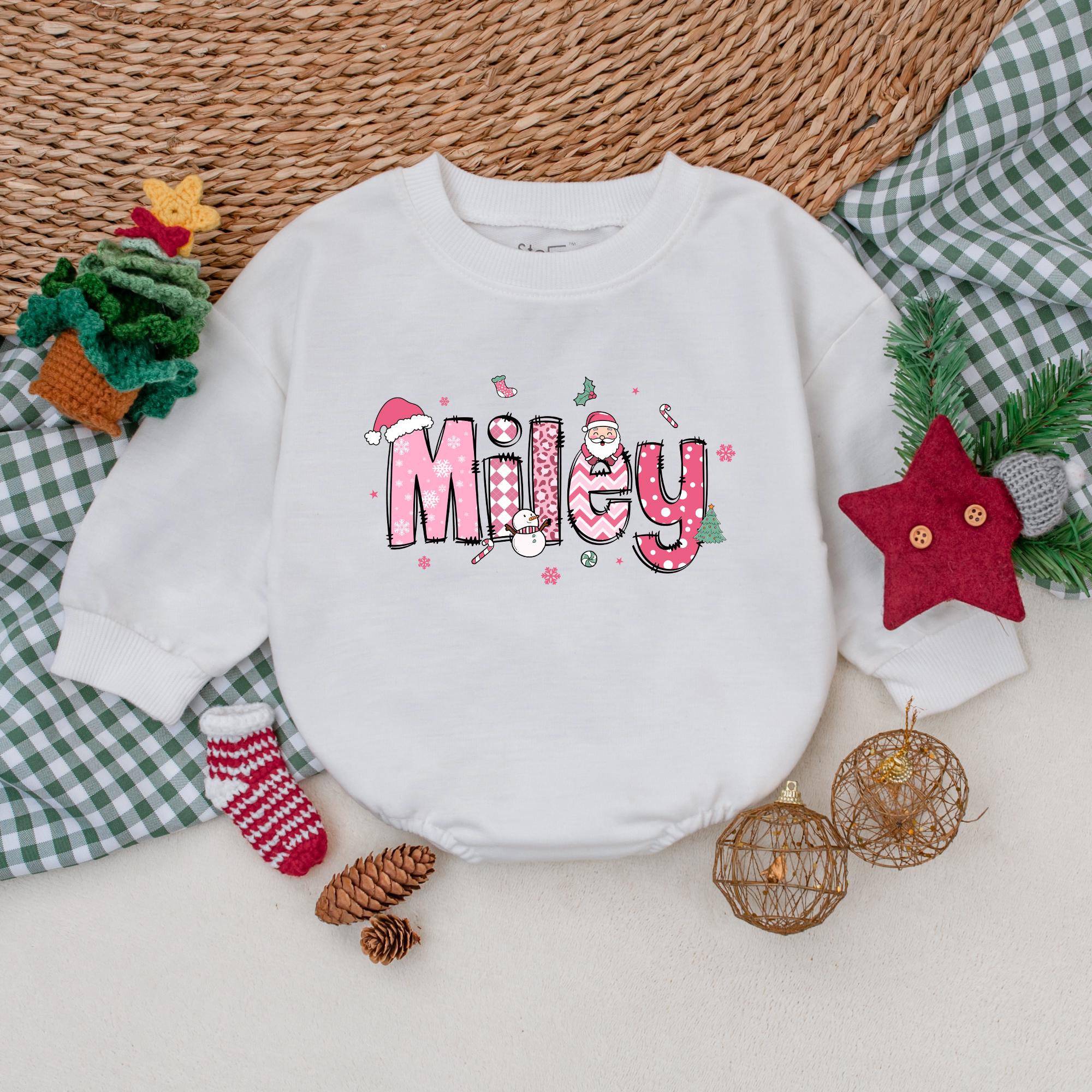 Personalized Miley Christmas Baby Romper Whimsical Pink Girls Bodysuit Festive Holiday Outfit Gift Idea with Santa Hat and Candy Cane