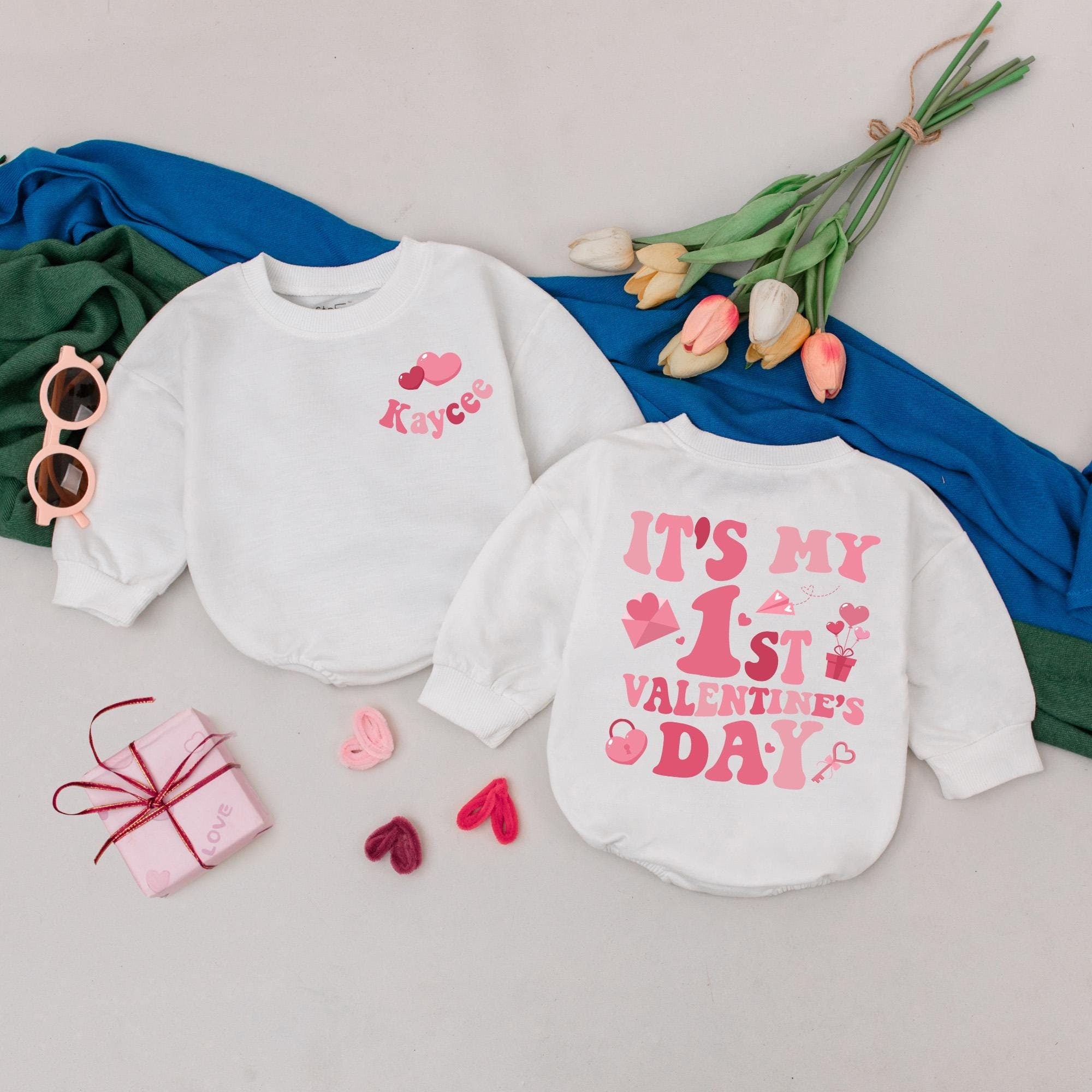 Personalized Baby Girl Romper for 1st Valentine's Day Kaycee Heart Design Infant Outfit Newborn Gift Custom Name Pink Whimsical Theme