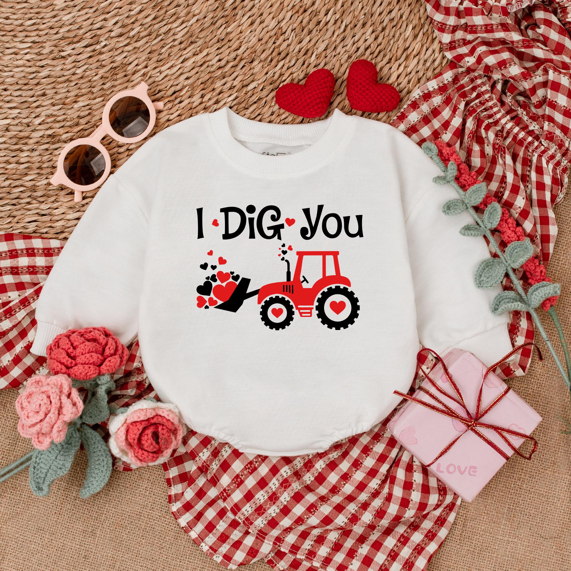 I Dig You Baby Romper with Red Tractor Heart Wheels Valentine's Day Gift Cute Infant Clothes First Holiday Outfit Soft Cotton