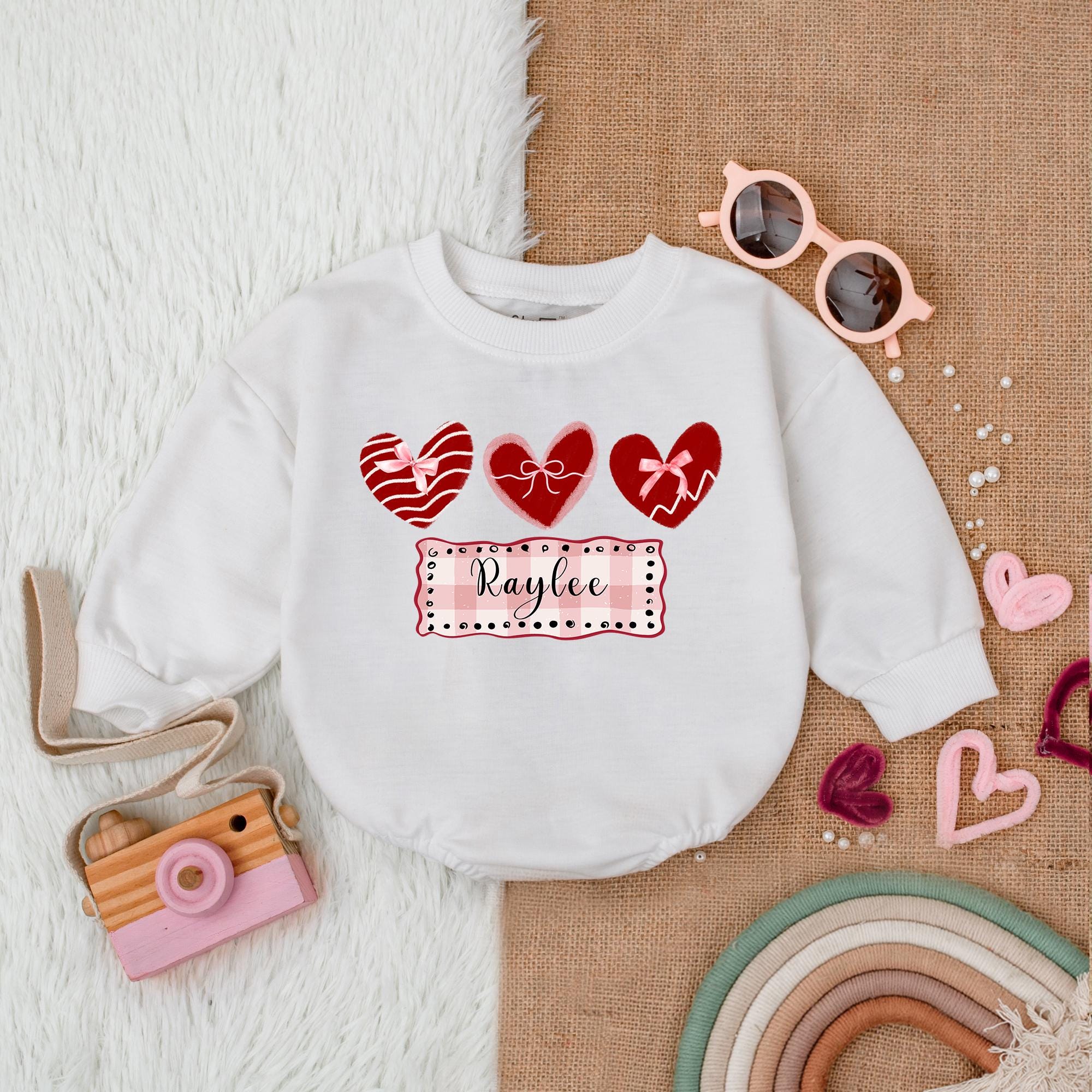 Personalized Raylee Heart and Bow Valentine Romper First Valentine's Day Baby Girl Outfit Soft Cotton Whimsical Red Pink Design Gift