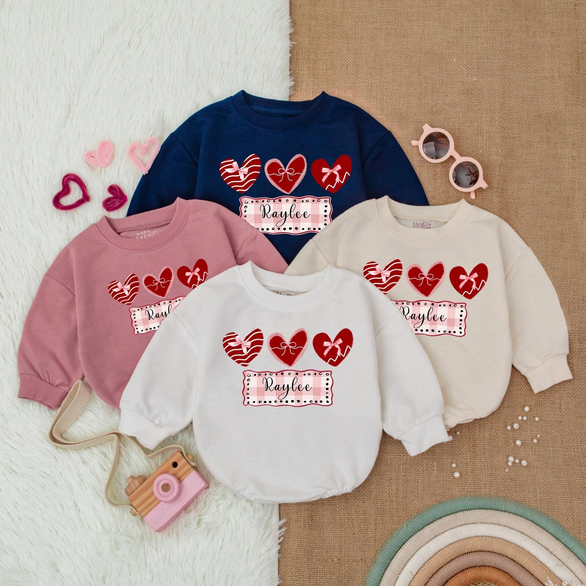 Personalized Raylee Heart and Bow Valentine Romper First Valentine's Day Baby Girl Outfit Soft Cotton Whimsical Red Pink Design Gift