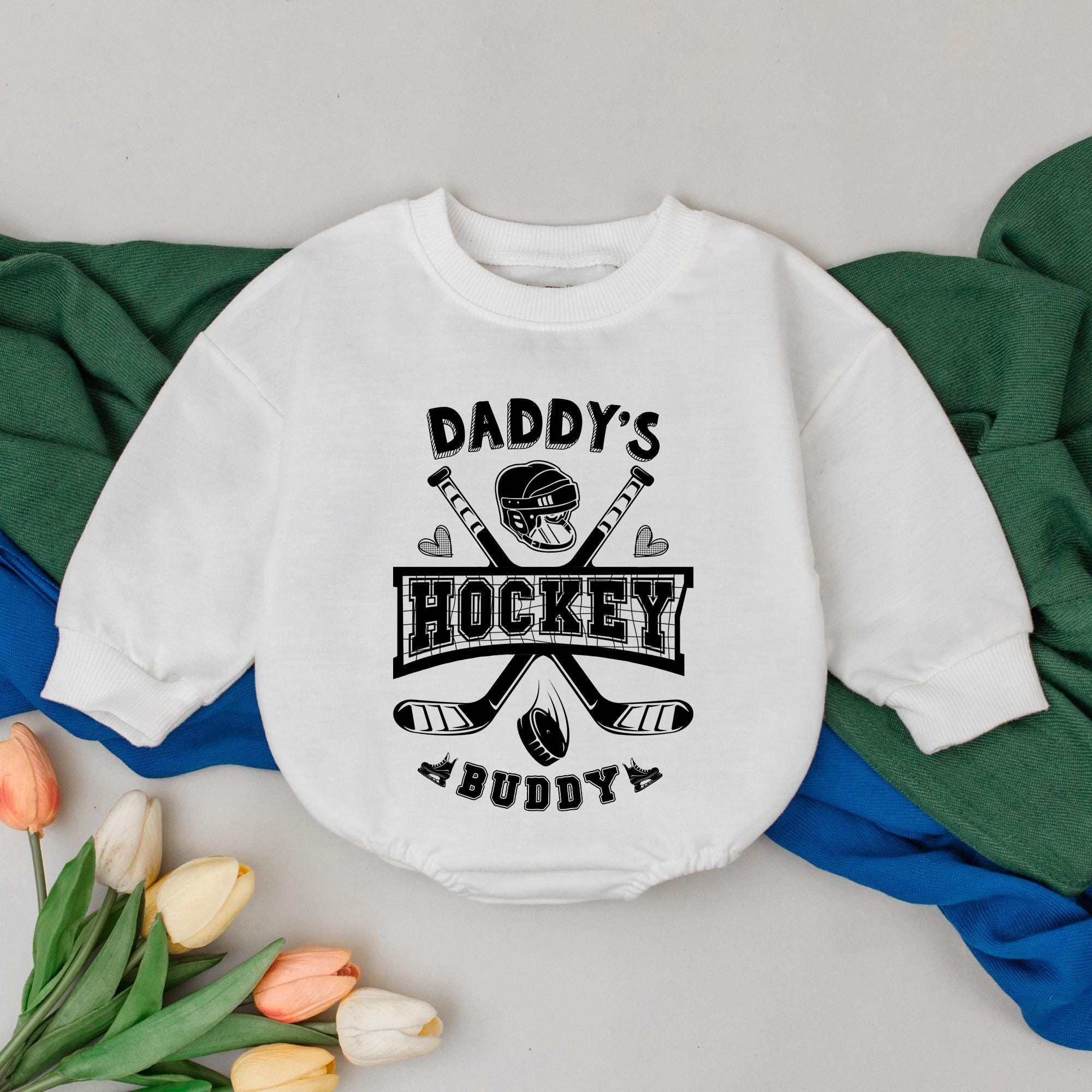 Daddy's Little Hockey Buddy Romper Retro Vintage Sporty Baby Bodysuit for Game Day Father's Day Gift Cotton Soft Comfortable Outfit