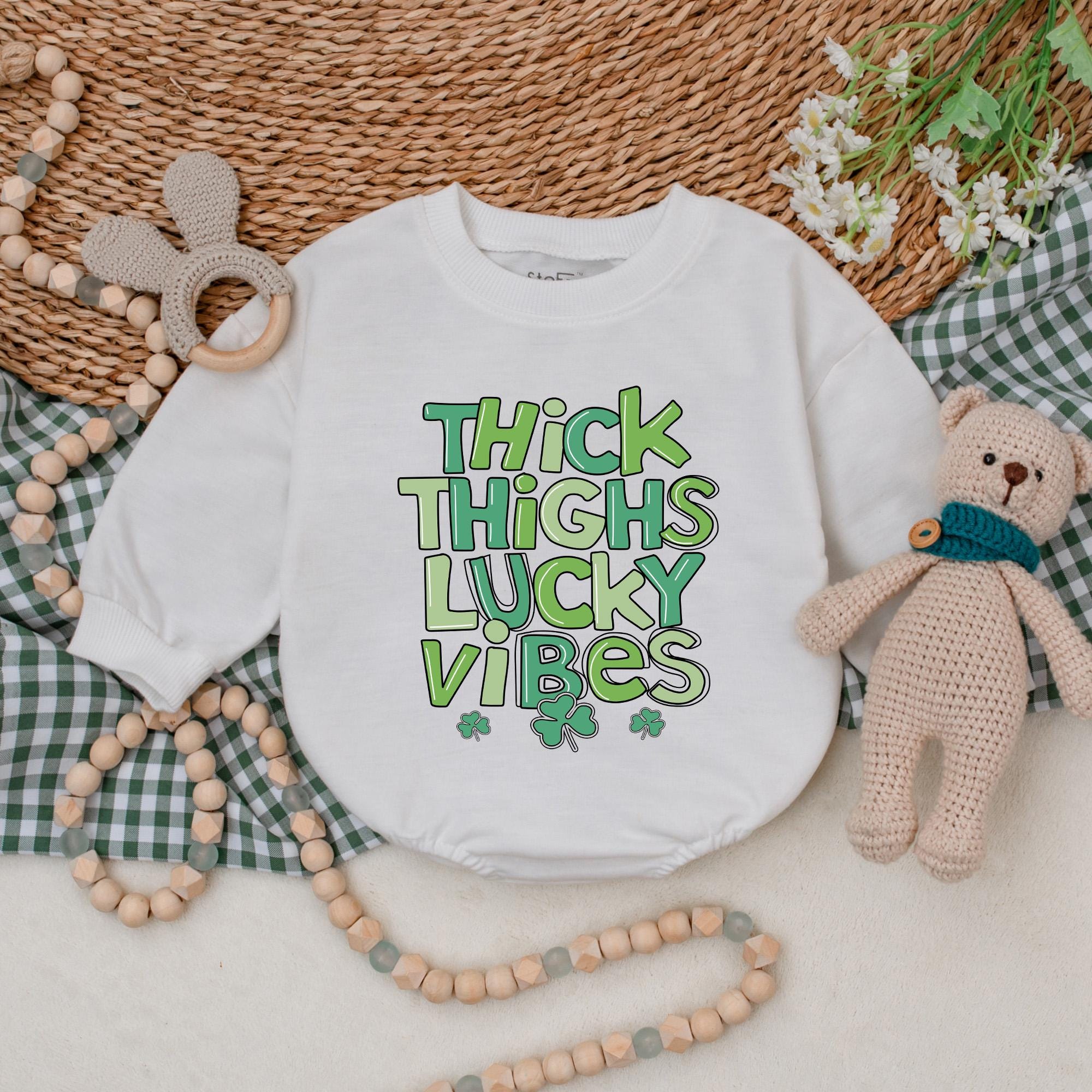 Thick Thighs Lucky Vibes Baby Romper St Patrick's Day Outfit First Holiday Gift Cute Shamrock Design Soft Cotton Comfort
