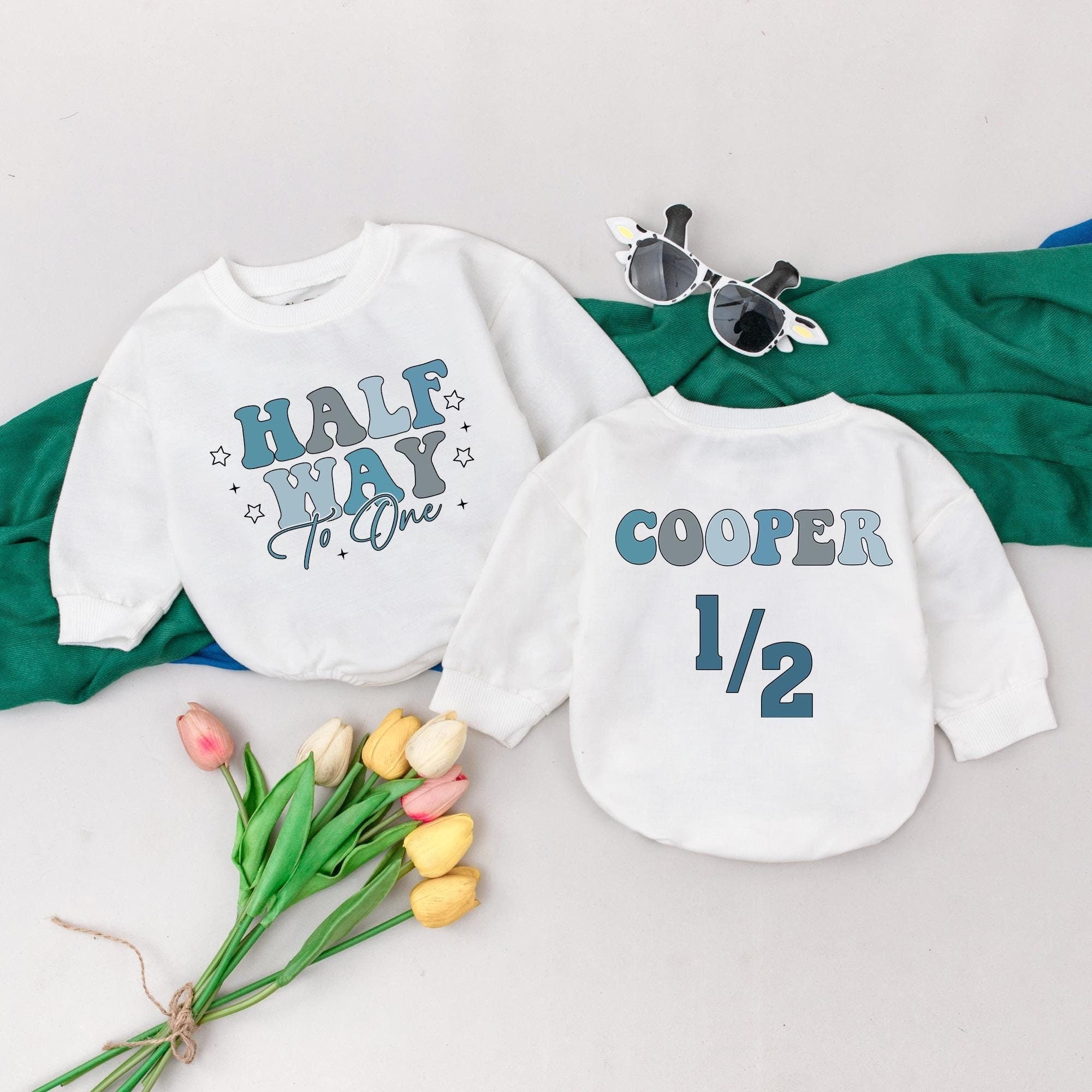 Halfway to One Baby Romper with Name, 6-Month Birthday Outfit