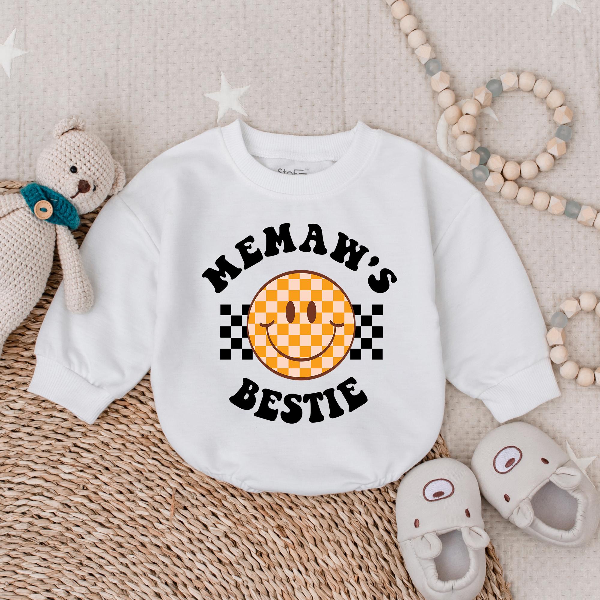 Memaw's Bestie Baby Girl Bubble Romper Retro Smiley Face Outfit Newborn Announcement Cozy Cotton Infant Apparel Fun Checkered Design