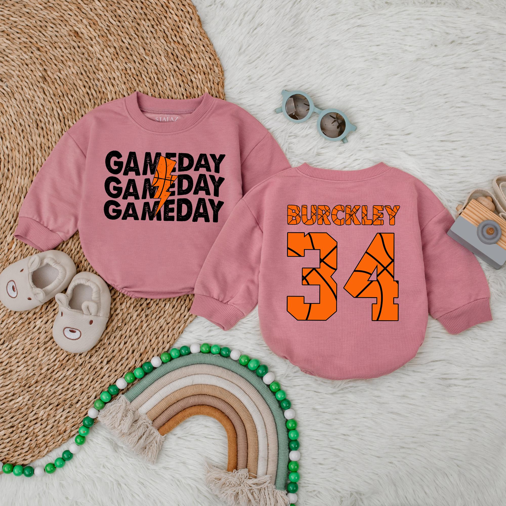Gameday Basketball Baby Romper with Custom Name and Number for Boys Sporty Outfit Perfect Baby Shower Gift Soft Cotton Playful Design