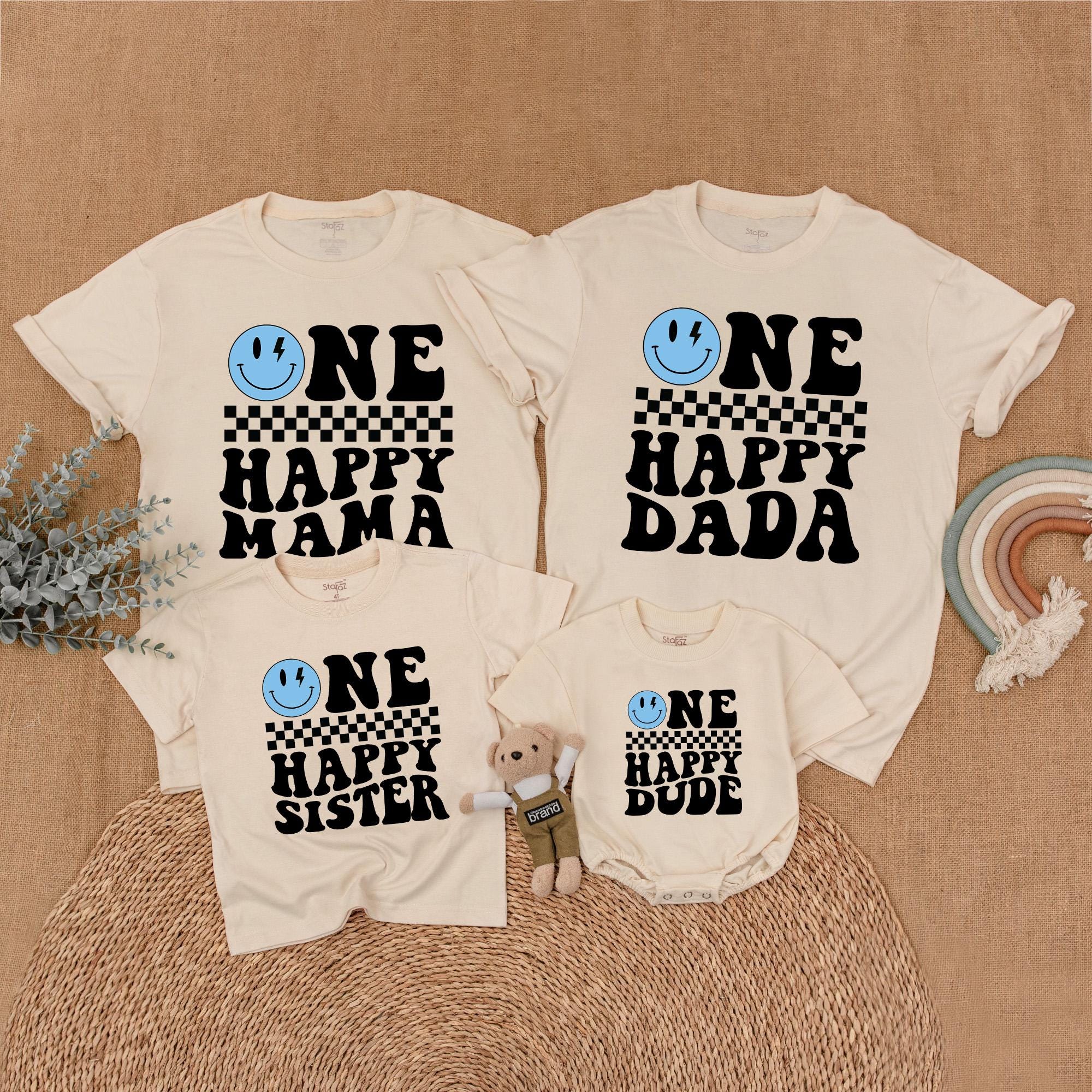 One Happy Dude Family Shirt with Blue Smiley Face