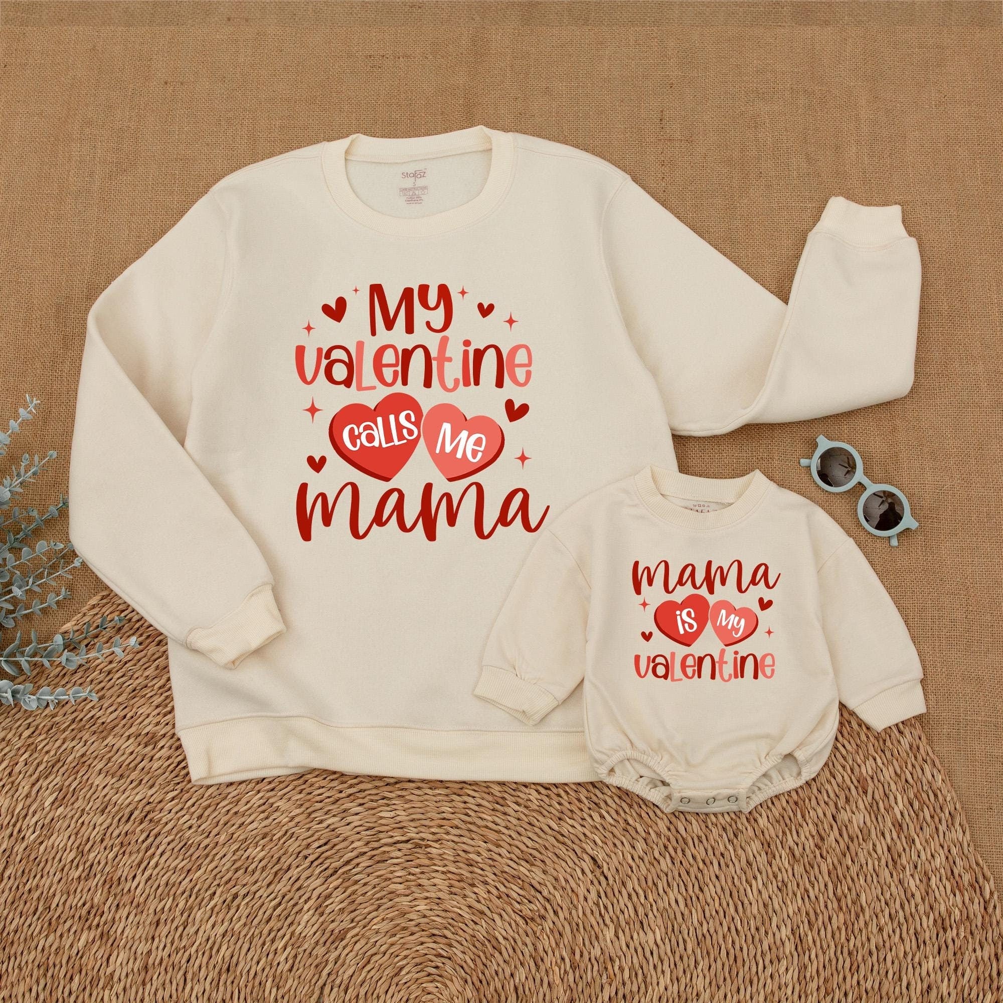 Mama Valentine Sweatshirt Matching Family Set Red Pink Hearts Baby Mom Gift Cozy Cotton Festive Holiday Outfit