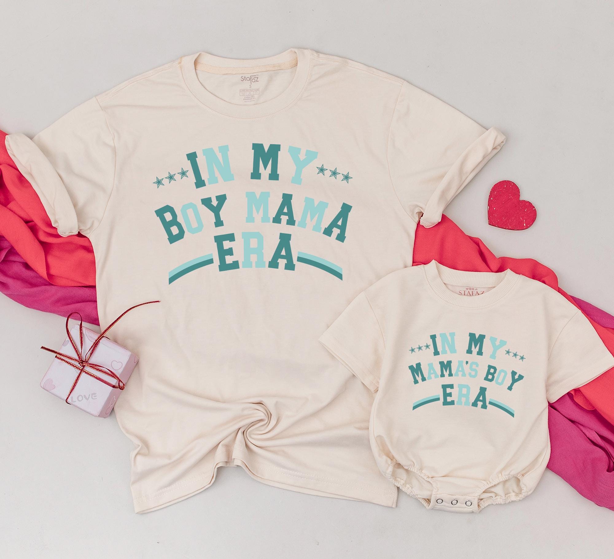 Retro Mom Baby Matching Shirts In My Boy Mama and Mama's Boy Era Teal Star Design Cotton Casual Gift Toddler Infant Outfit