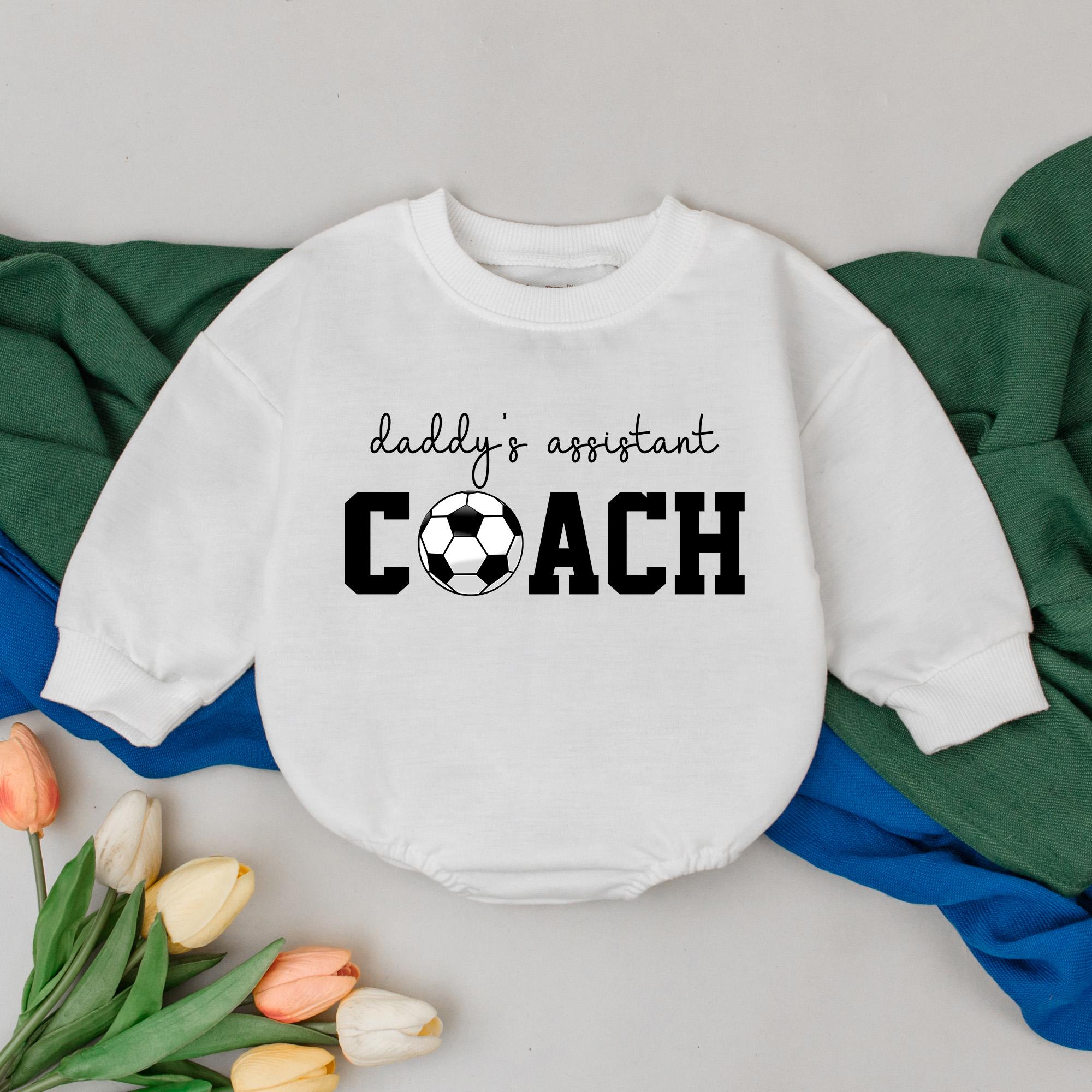 Daddy's Assistant Coach Soccer Romper for Baby Boys Retro Game Day Outfit Personalized Soft Cotton Toddler Gameday Season Gift