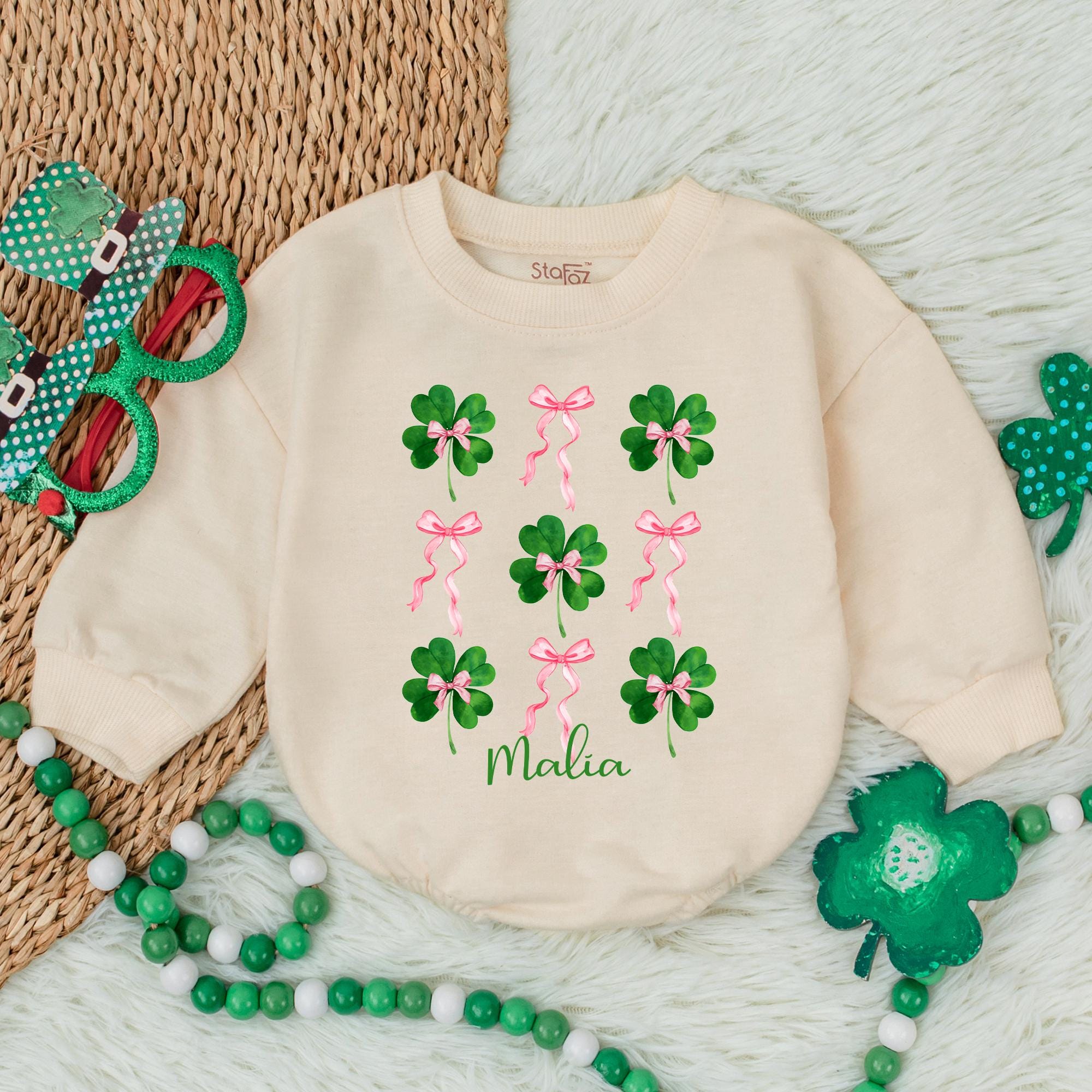 Personalized Shamrock Baby Romper with Pink Bows St. Patrick's Day Outfit Custom Name Infant Gift Cotton Comfortable Party Clothes