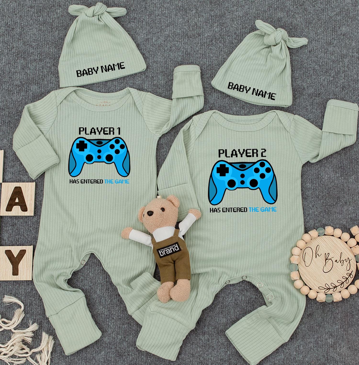 Custom Twin Hat and Bodysuit Baby Outfit Blue Video Game Controller Design Gift for Newborn Boys Girls Funny Personalized Romper