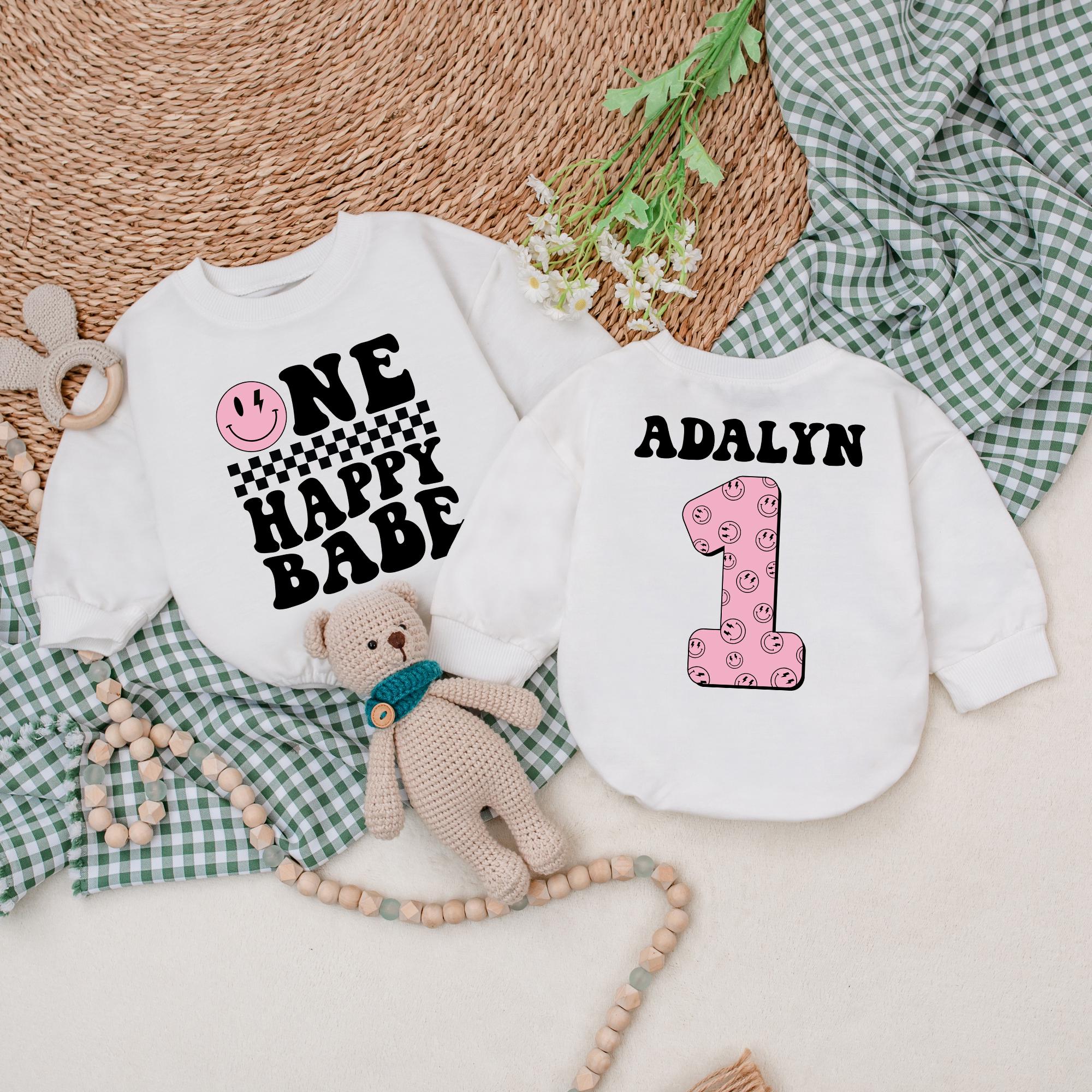 Personalized One Happy Babe Birthday Romper with Smiley Face