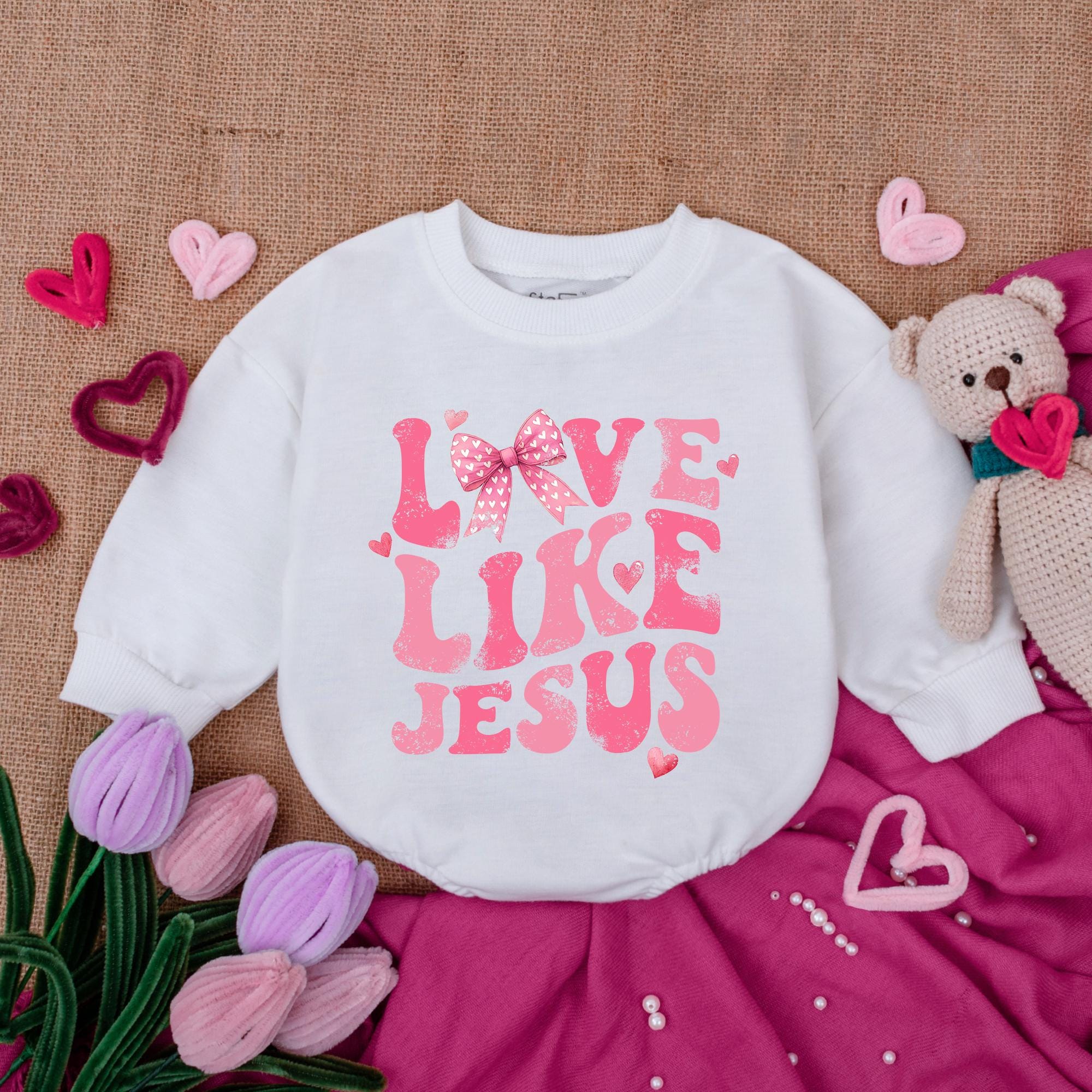 Love Like Jesus Pink Romper Baby Girl First Valentine Outfit with Bow Hearts Cheerful Design Infant Newborn Soft Comfortable Cotton