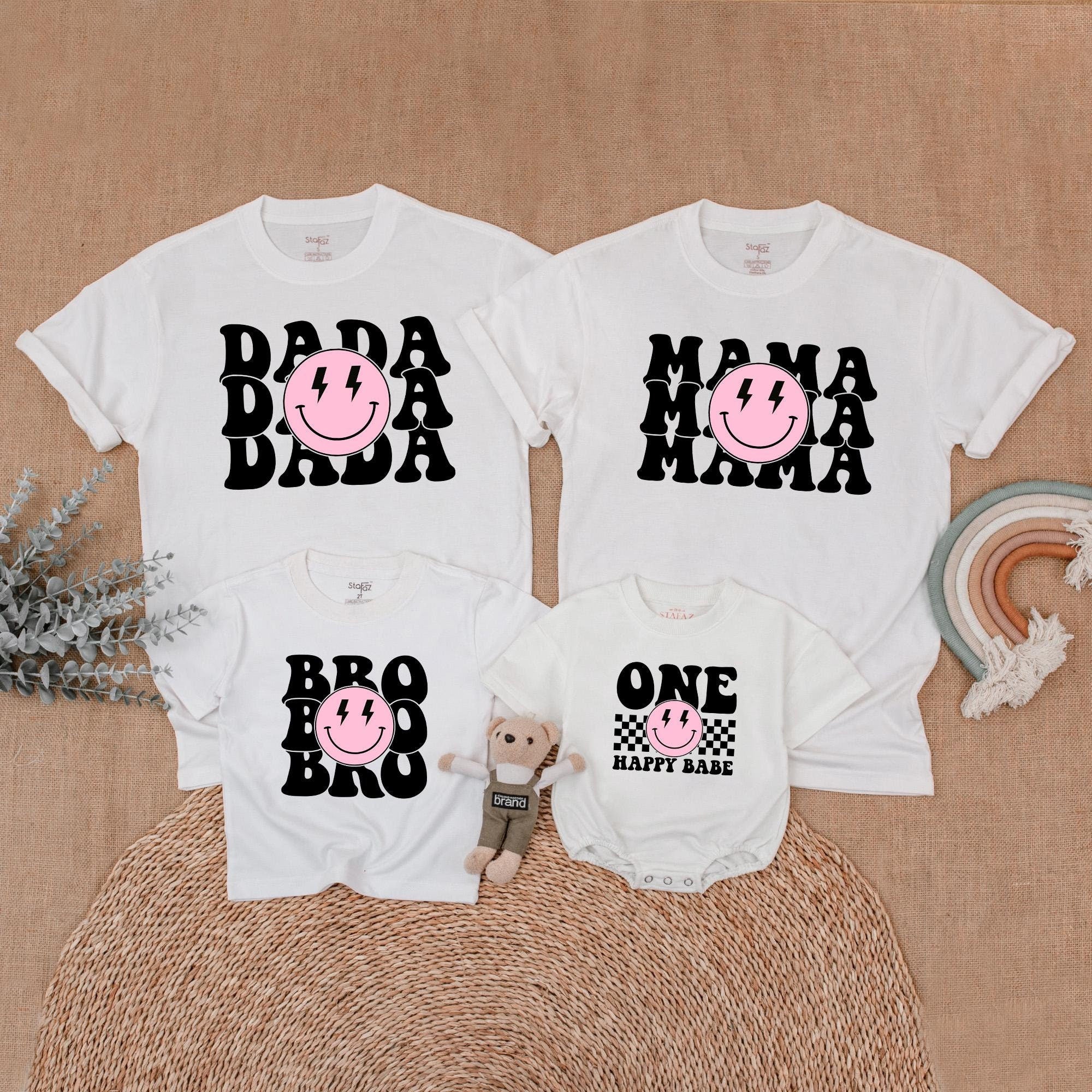 Pink One Happy Babe Family Birthday Shirt with Smiley Face