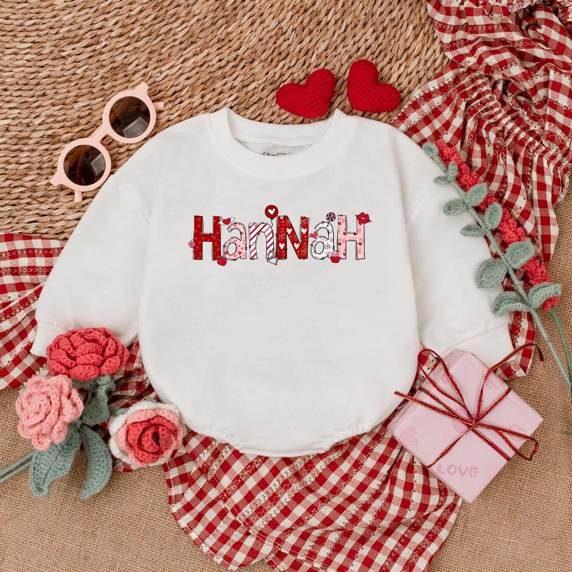 Custom Baby Romper with Hannah Design Heart Pattern Valentine's Day Outfit First Valentine Baby Clothes Soft Cotton Girl Gift